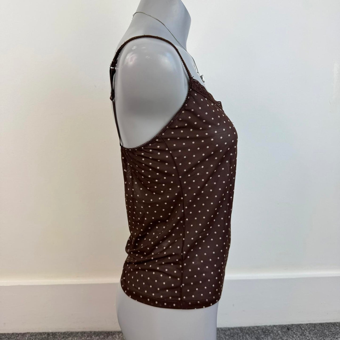 Y2K vintage poka dot mesh cami top bow sheer stretchy v neck lace trim bust