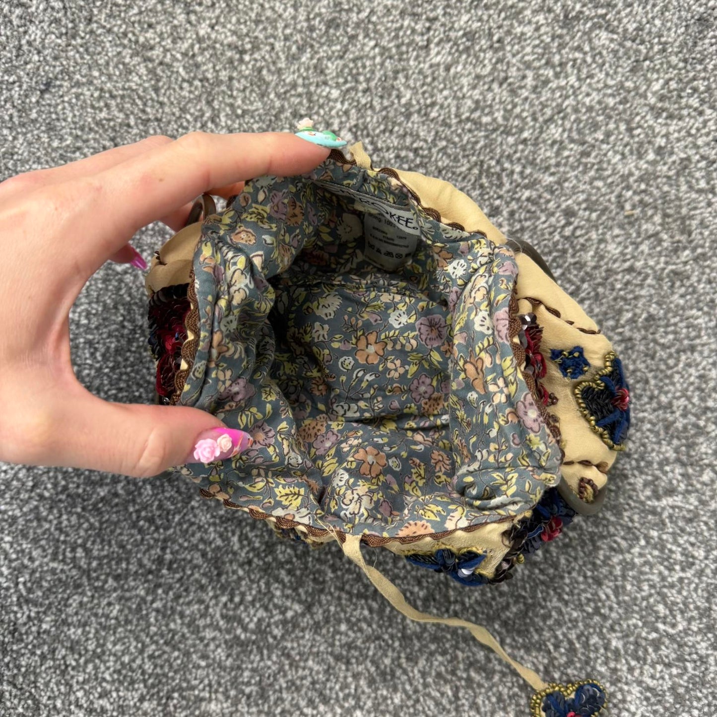 Y2K vintage silk sequin floral beaded embroidered mini micro handbag o ring boho