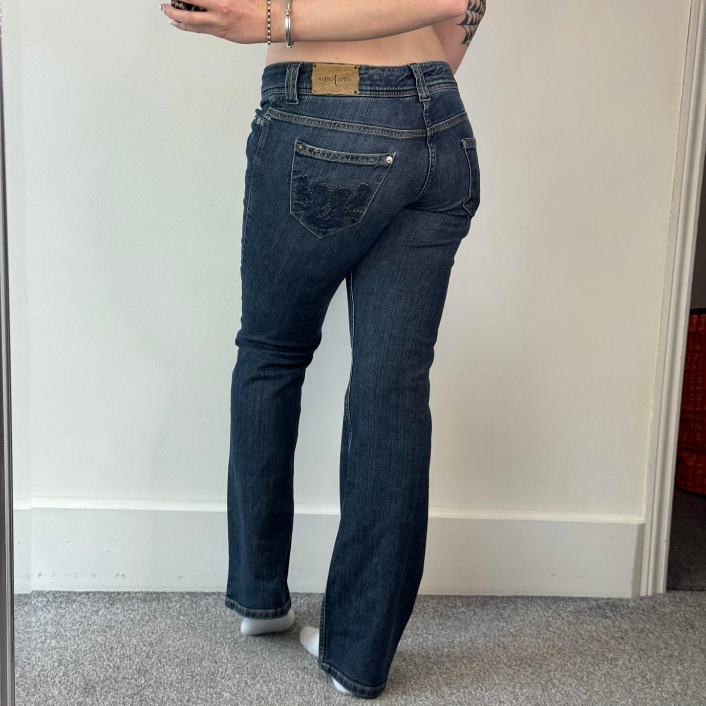 Y2K vintage low rise bootcut jeans dark denim embellished pockets mcbling