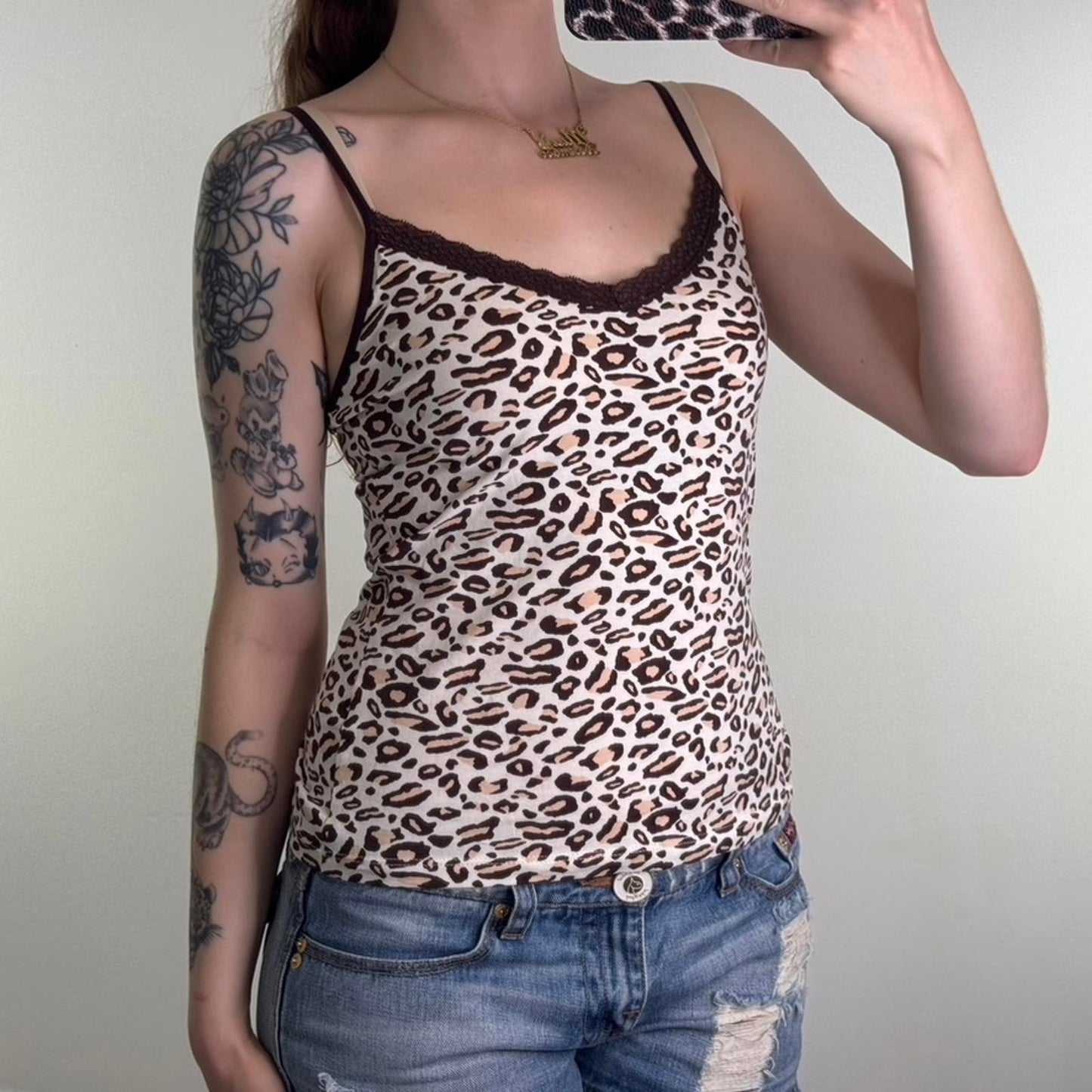 Y2K vintage leopard print cami top lace trim strappy cream brown v neck