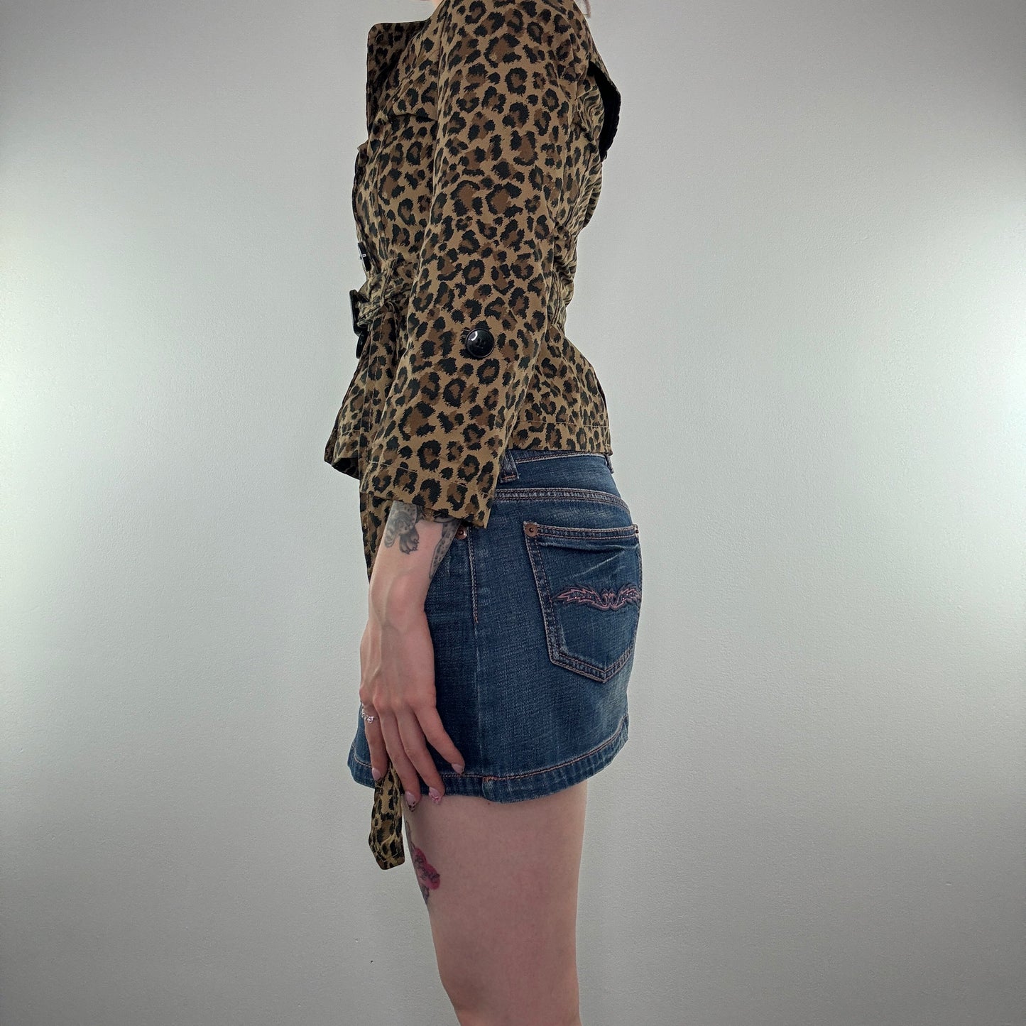 Leopard print button up belt short trench coat jacket