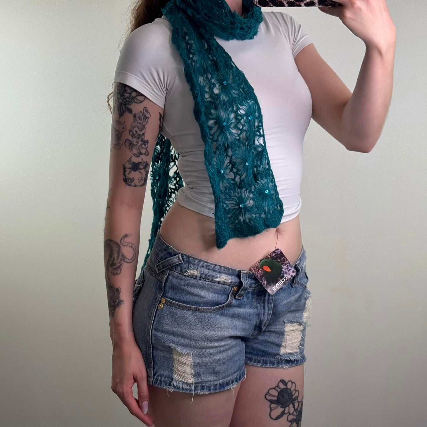 Y2K vintage floral crochet knit scarf sequin teal blue flower