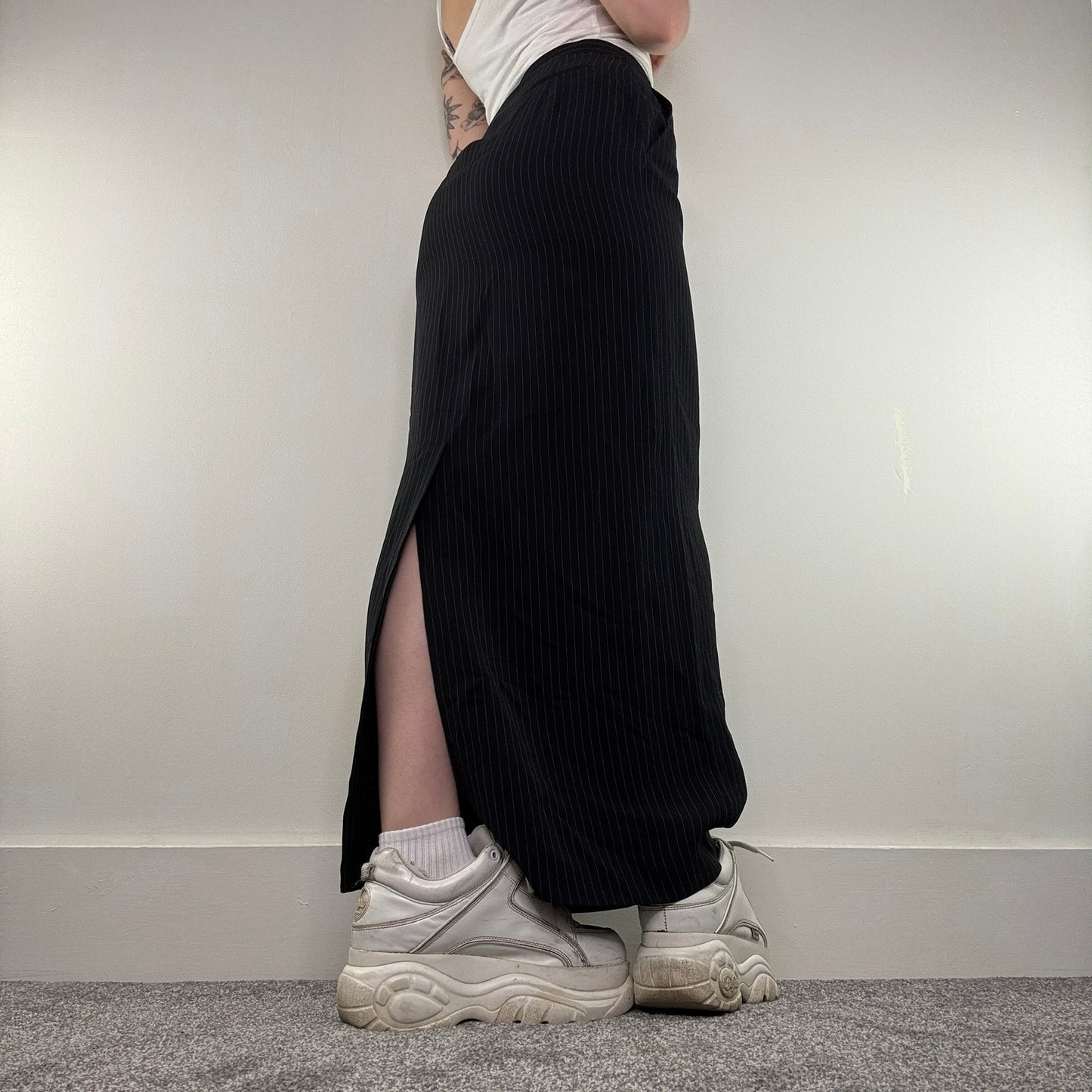 Y2K vintage pinstripe maxi skirt with pockets suit formal tailored office smart