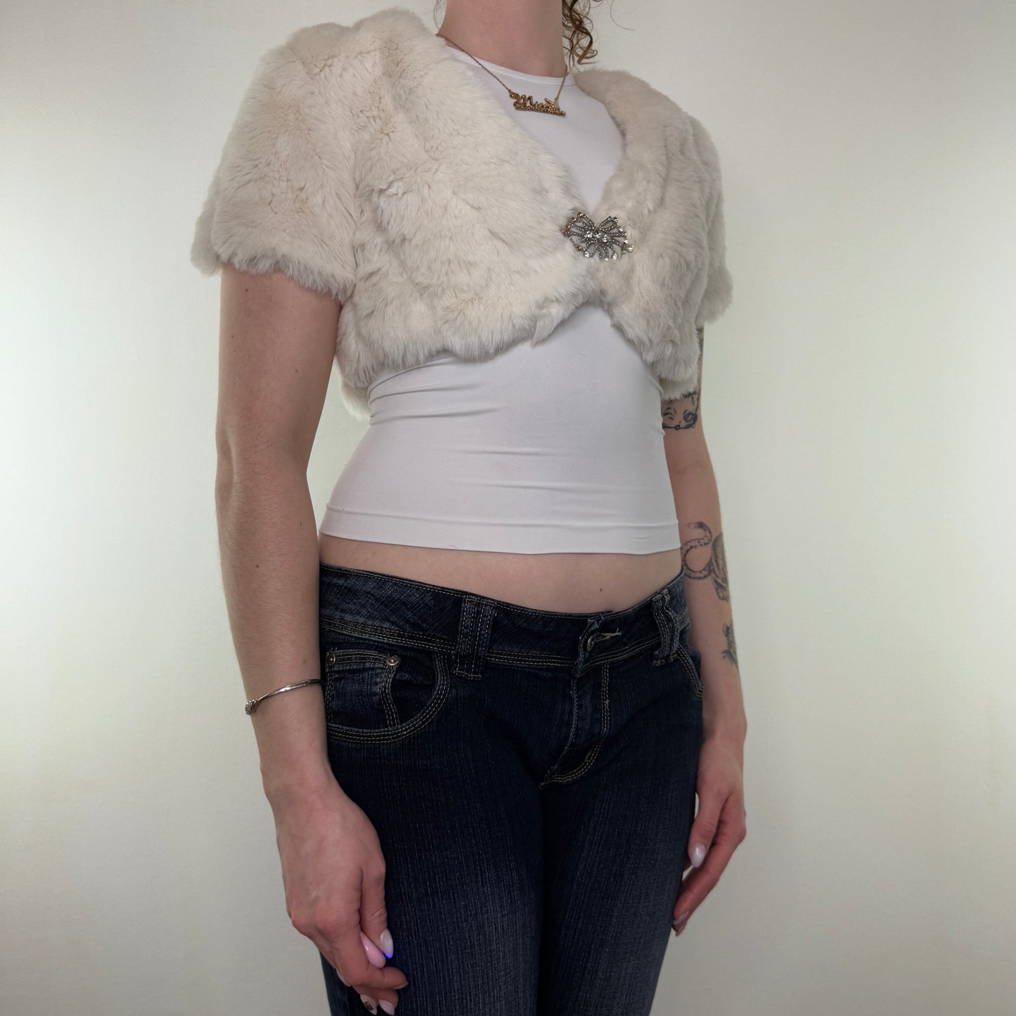 Y2K vintage faux fur cropped short sleeve jacket