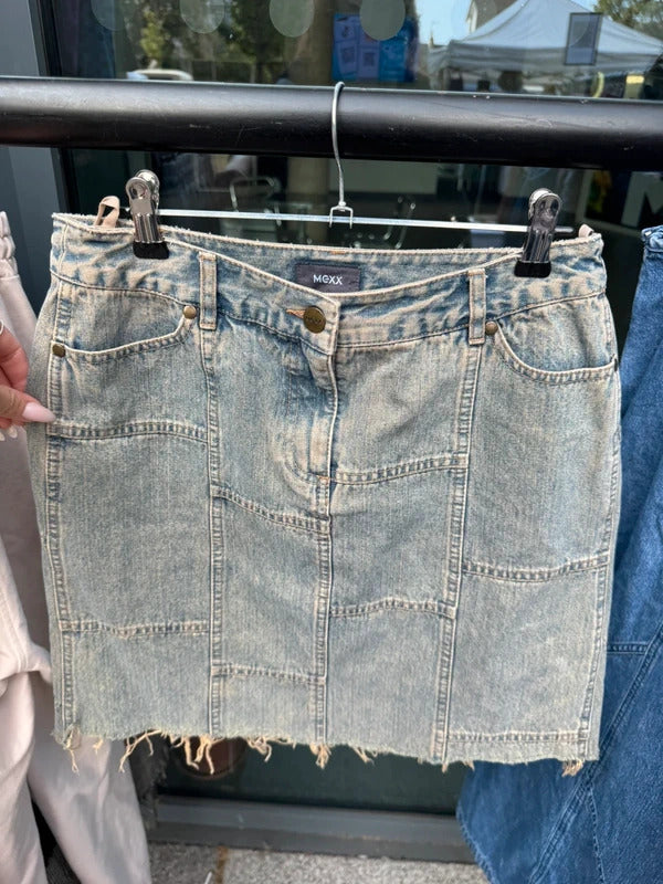Vintage Y2K patchwork mini skirt denim boho fraying hem