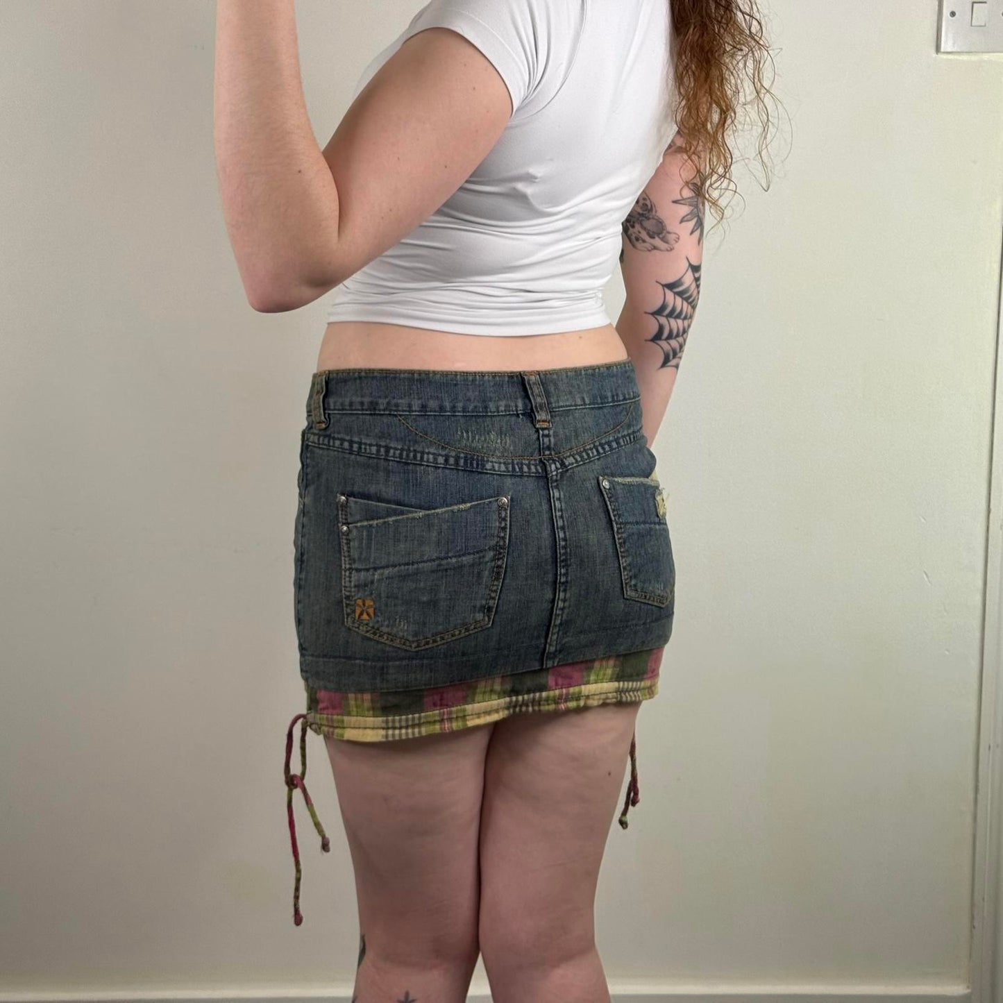 Y2K vintage Animal denim mini skirt mid rise tartan plaid check hem distressed