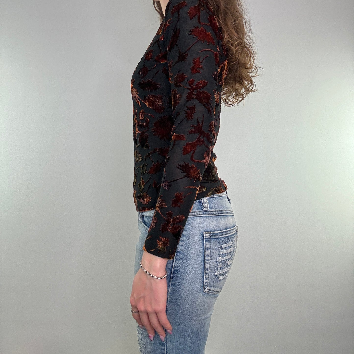 90s Y2K vintage mesh floral velvet v neck long sleeve top