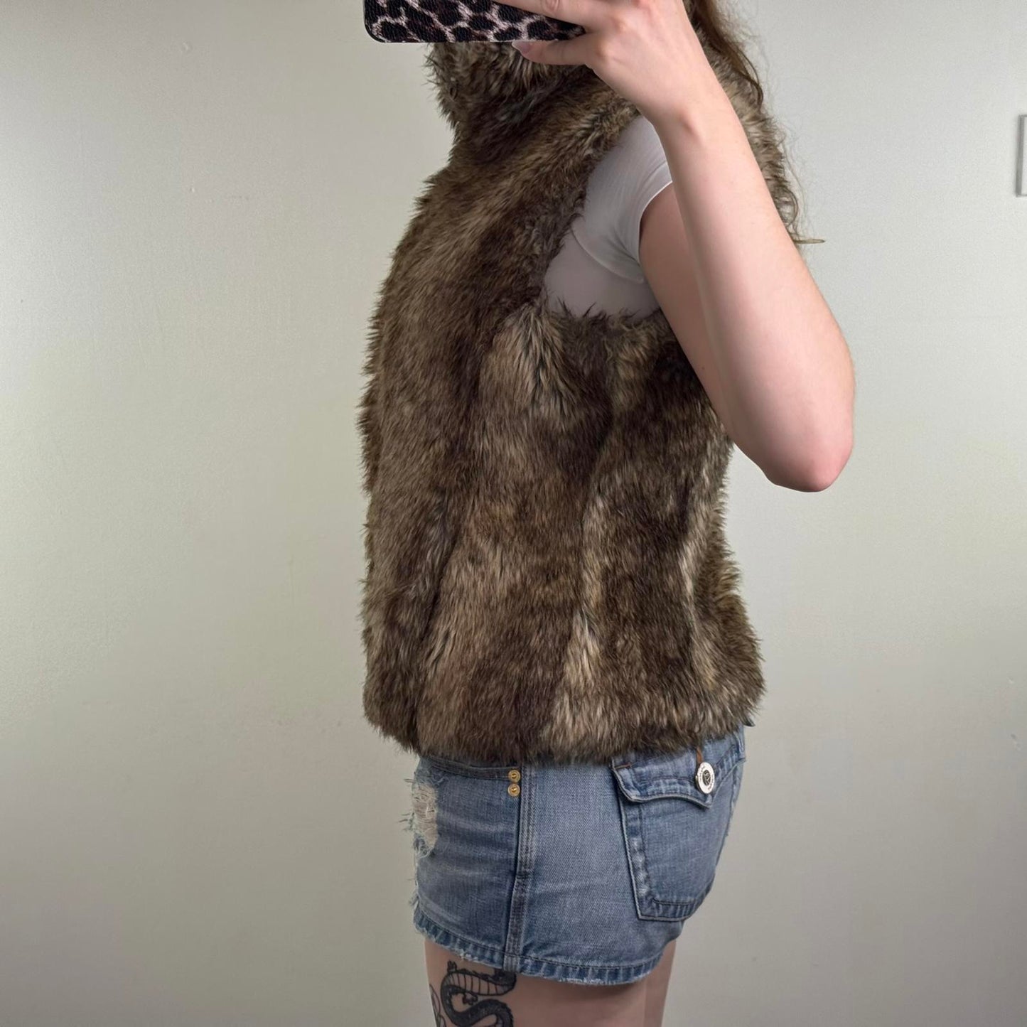 Y2K vintage Topshop faux fur sleeveless gilet body warmer high neck brown
