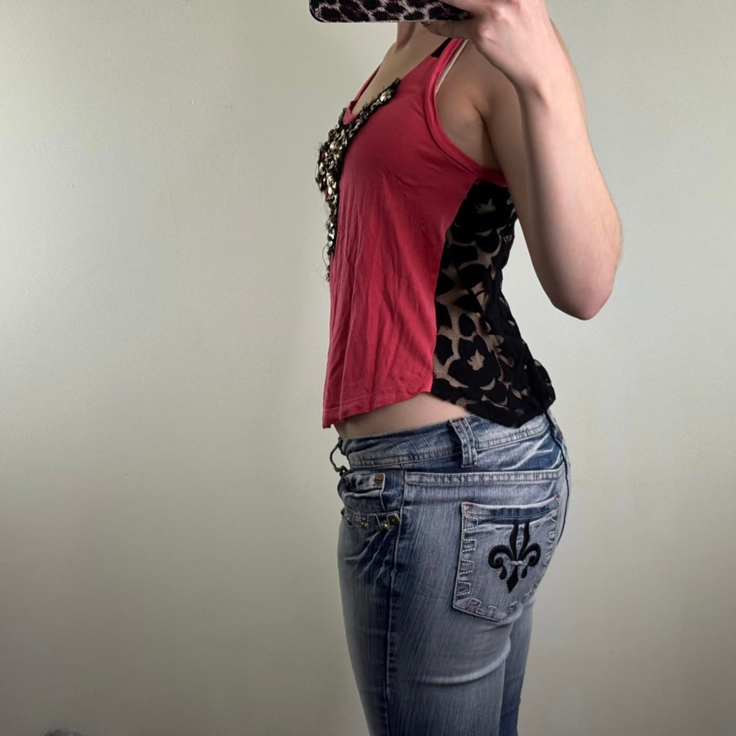 Y2K vintage bow sequin lace sheer back tank top fraying round neck slouchy