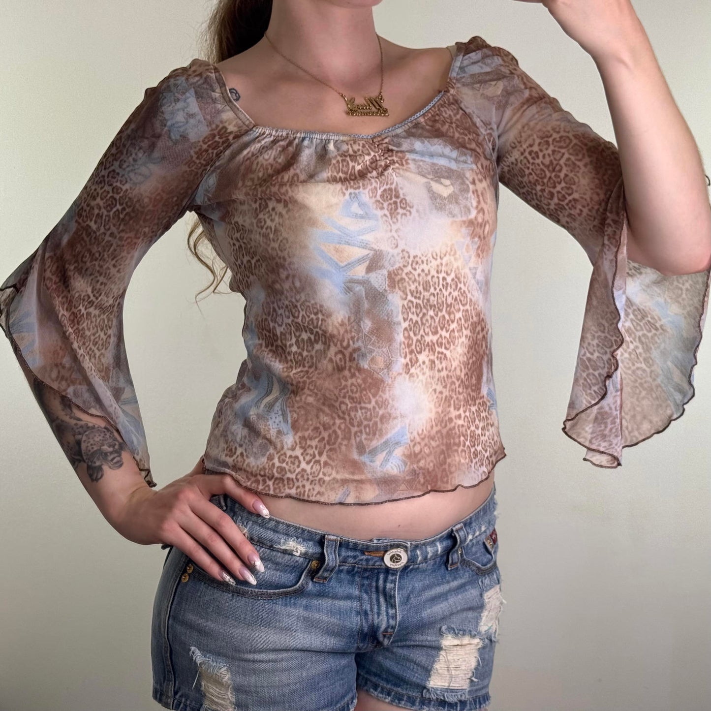 Y2K vintage mesh flare bell sleeve leopard print top ruched bust overlay