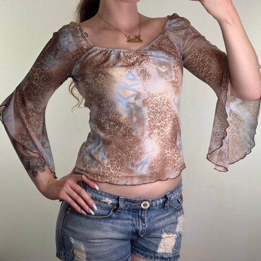Y2K vintage mesh flare bell sleeve leopard print top ruched bust overlay