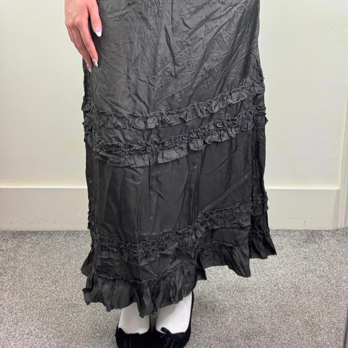 Y2K vintage maxi skirt a line ruffle hem dark grey acetate ruched lightweight