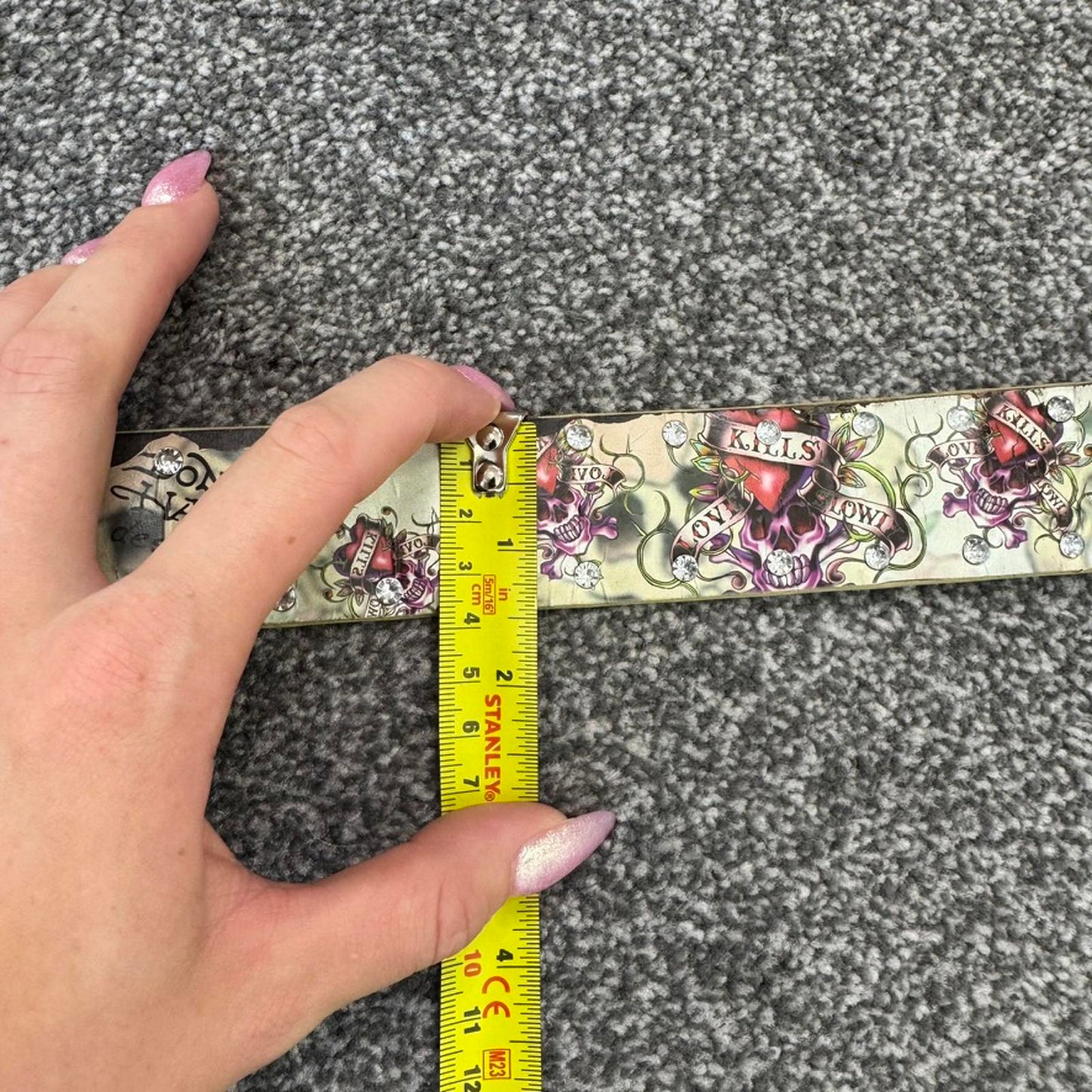 Y2K vintage Ed Hardy faux leather rhinestone belt silver buckle skull heart