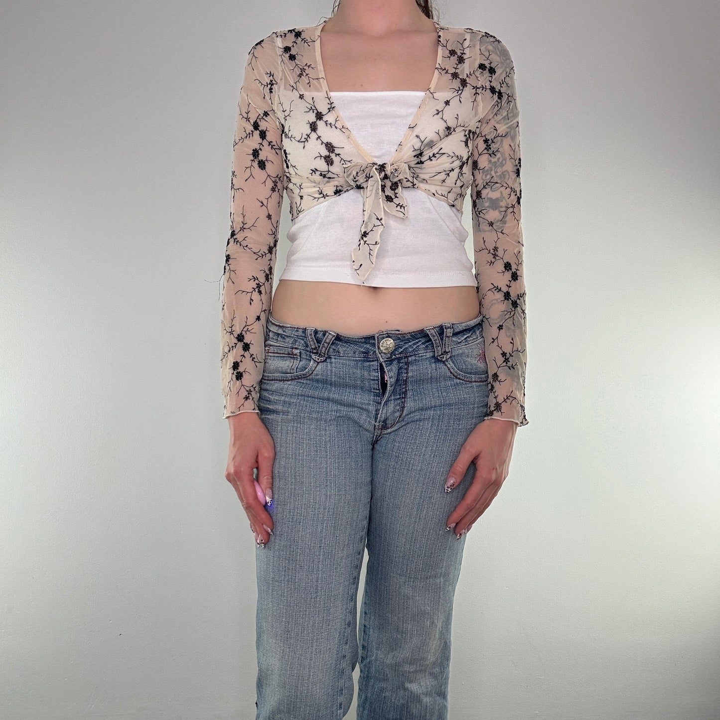 Y2K floral mesh cropped long sleeve cardigan