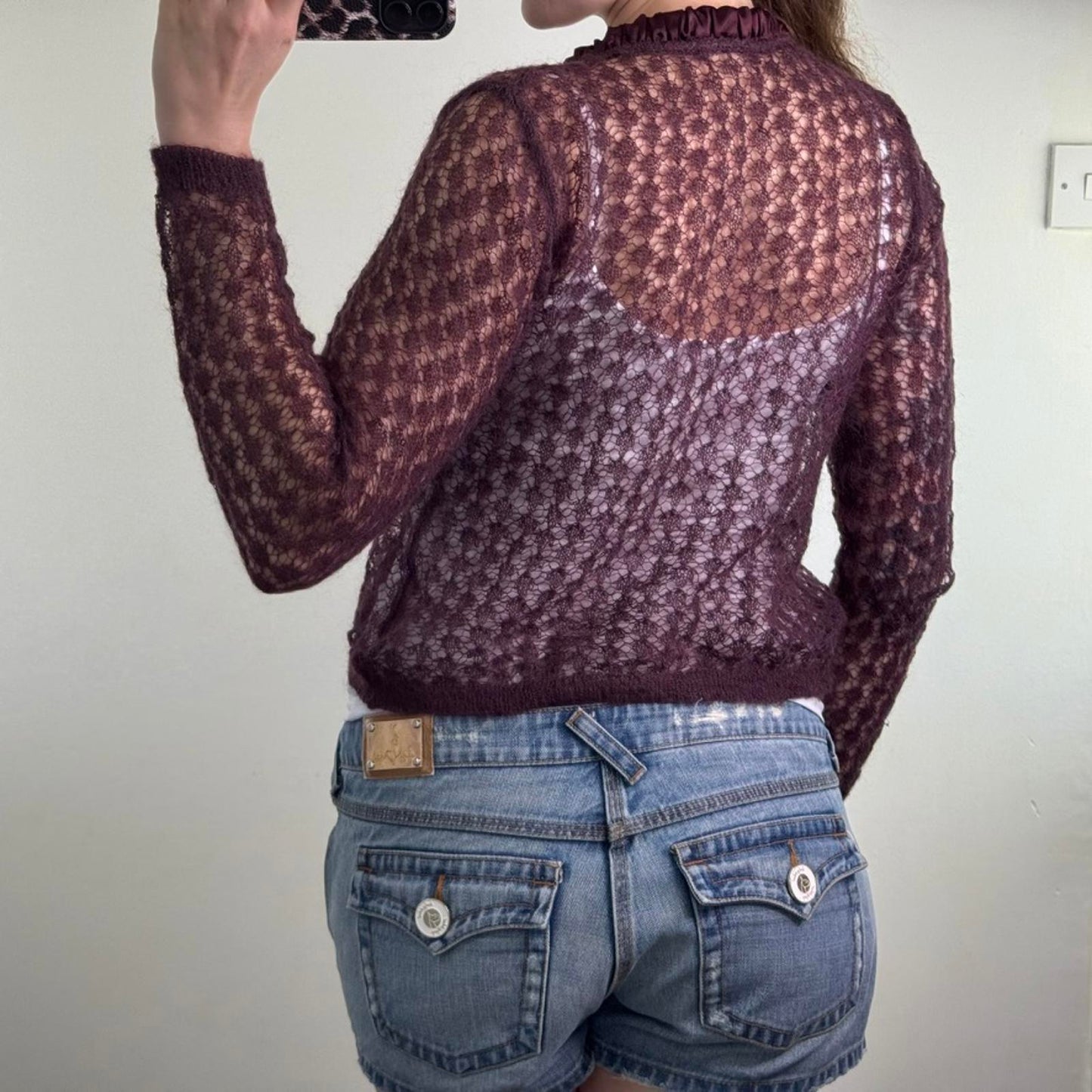 Y2K vintage knitted long sleeve short cardigan tie bow dark purple open front