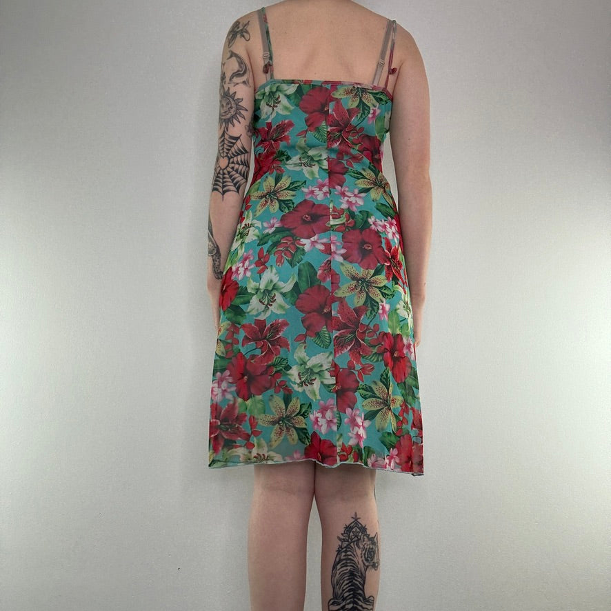 Y2K mesh floral hibiscus lily bow summer midi dress