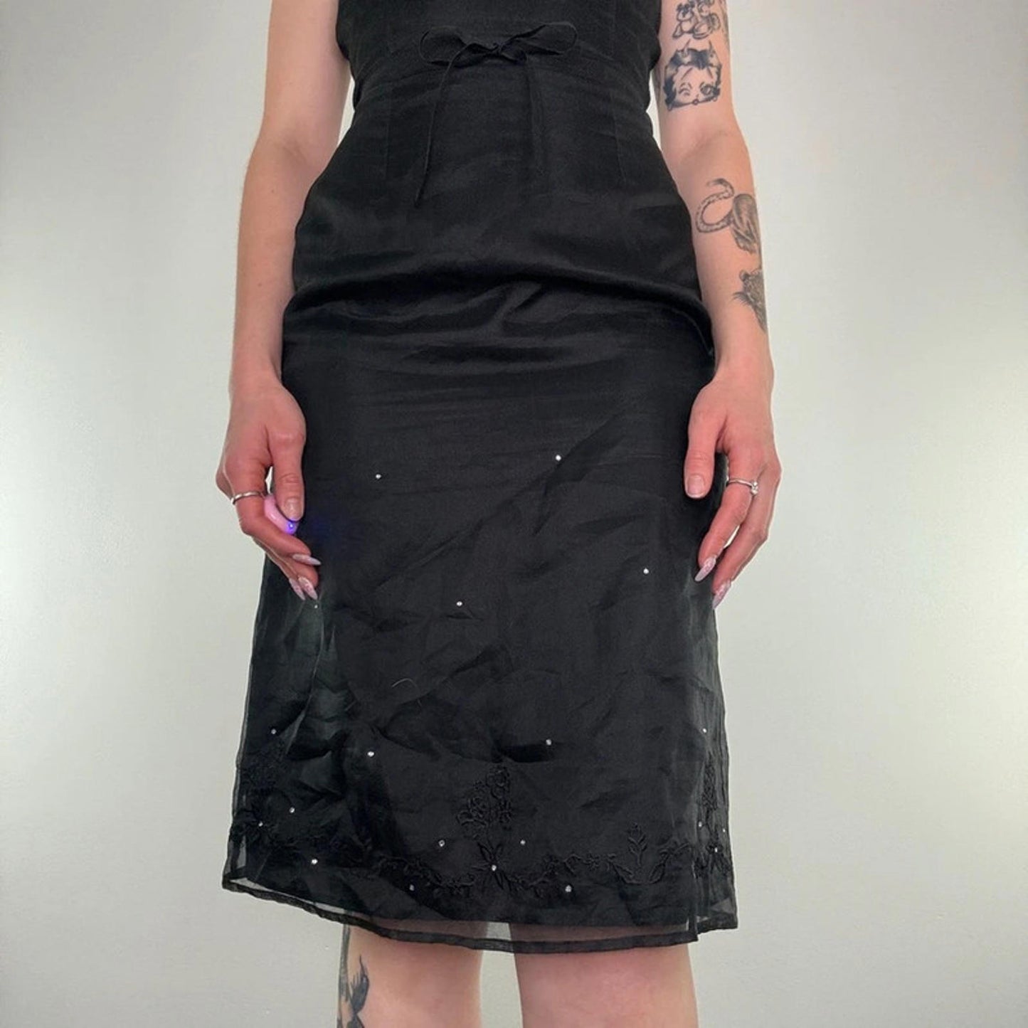 Y2K vintage 100% silk midi dress a line rhinestone floral embroidery bow