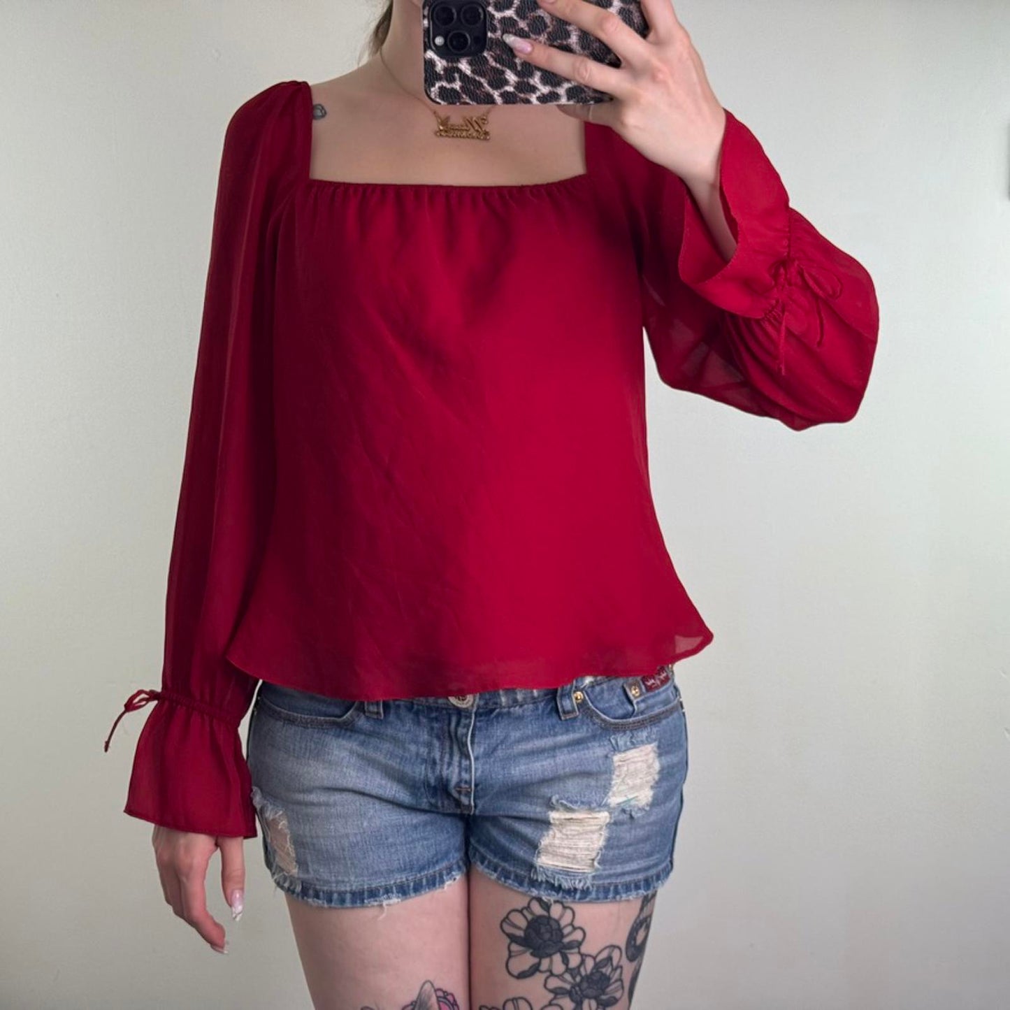 Y2K vintage long sleeve blouse milkmaid square neck top red ruched