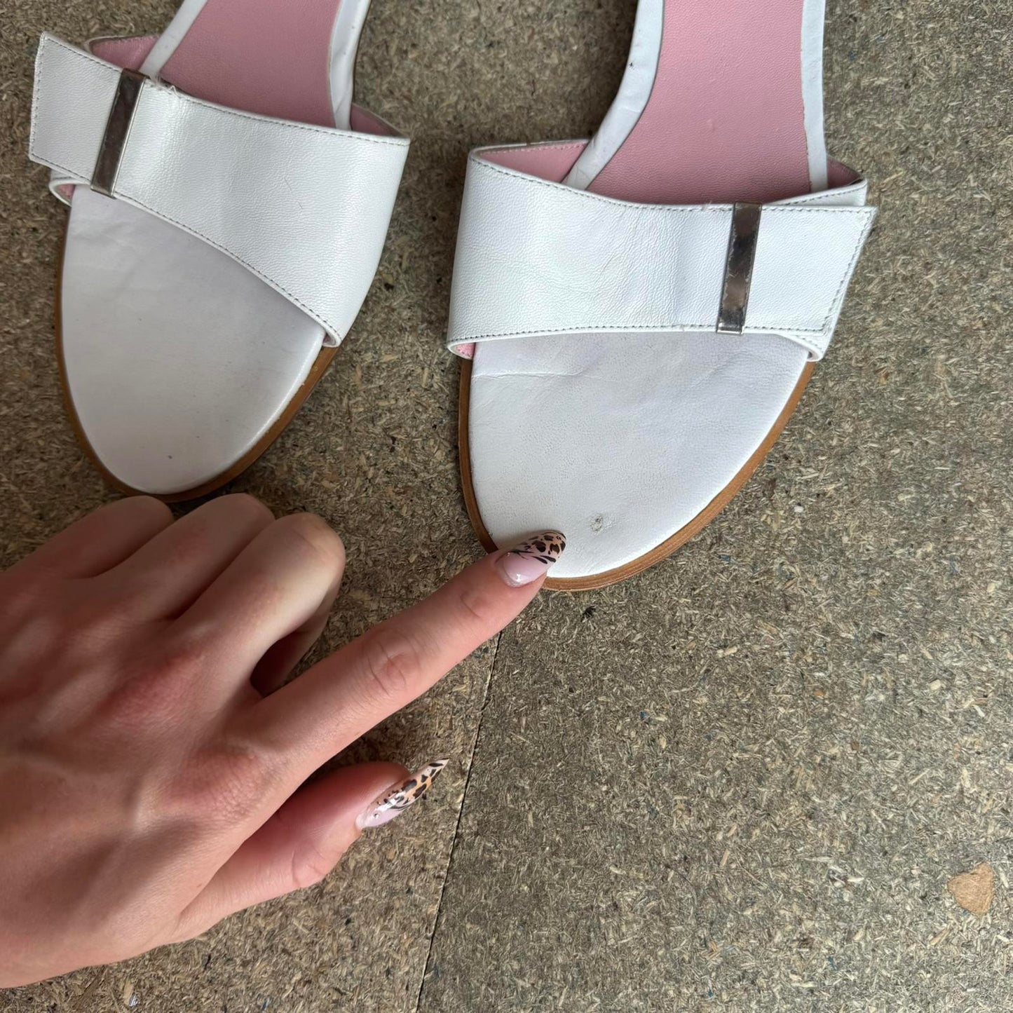 Y2K vintage genuine leather kitten wooden heel mule sandal slip on silver buckle