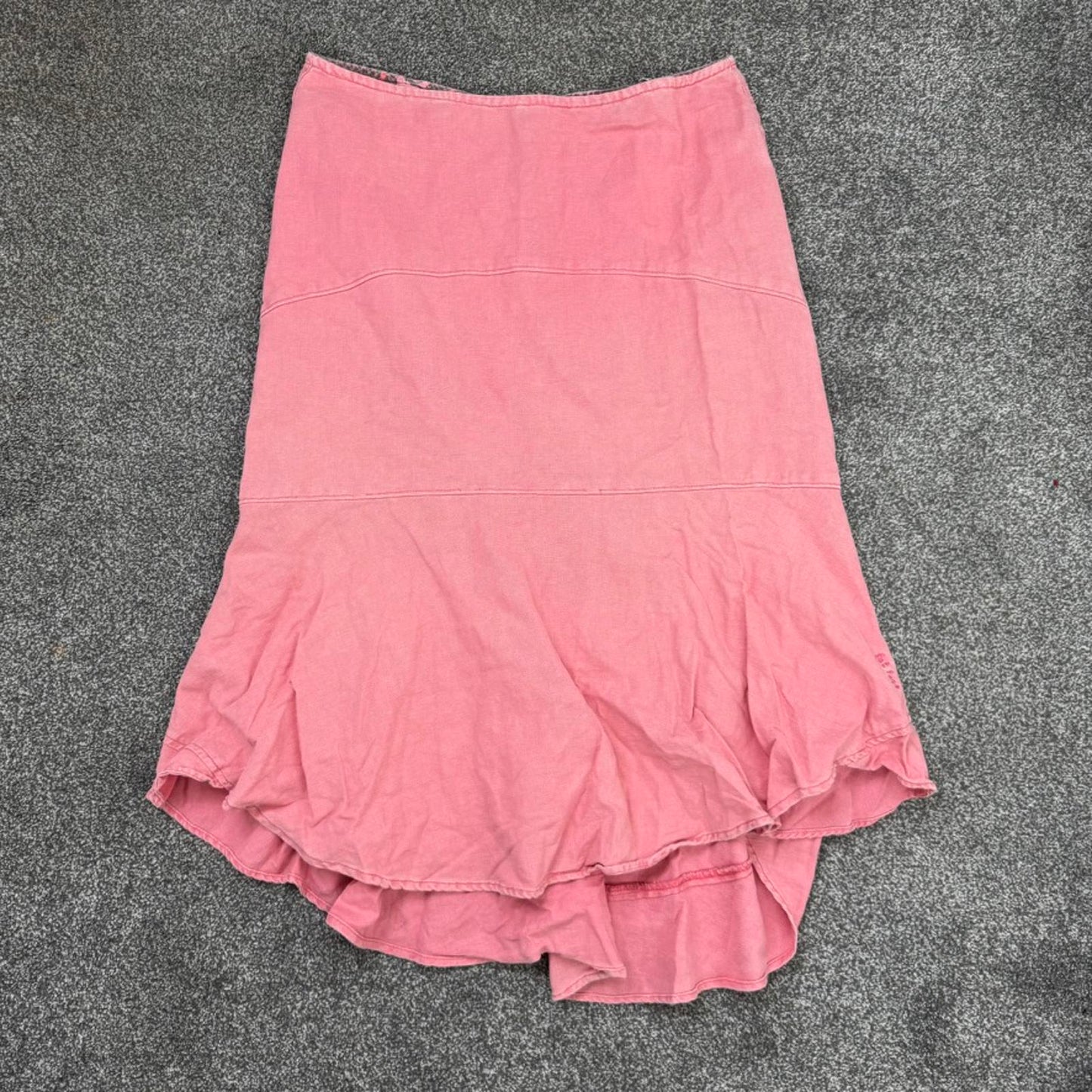 Y2K vintage linen/ cotton salmon pink maxi skirt curved hem