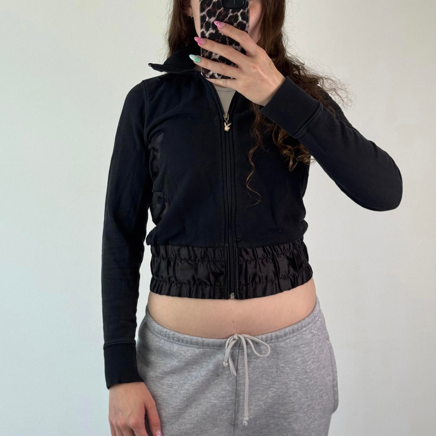 Y2K vintage Playboy cropped zip up jumper satin logo sporty black elastic waist