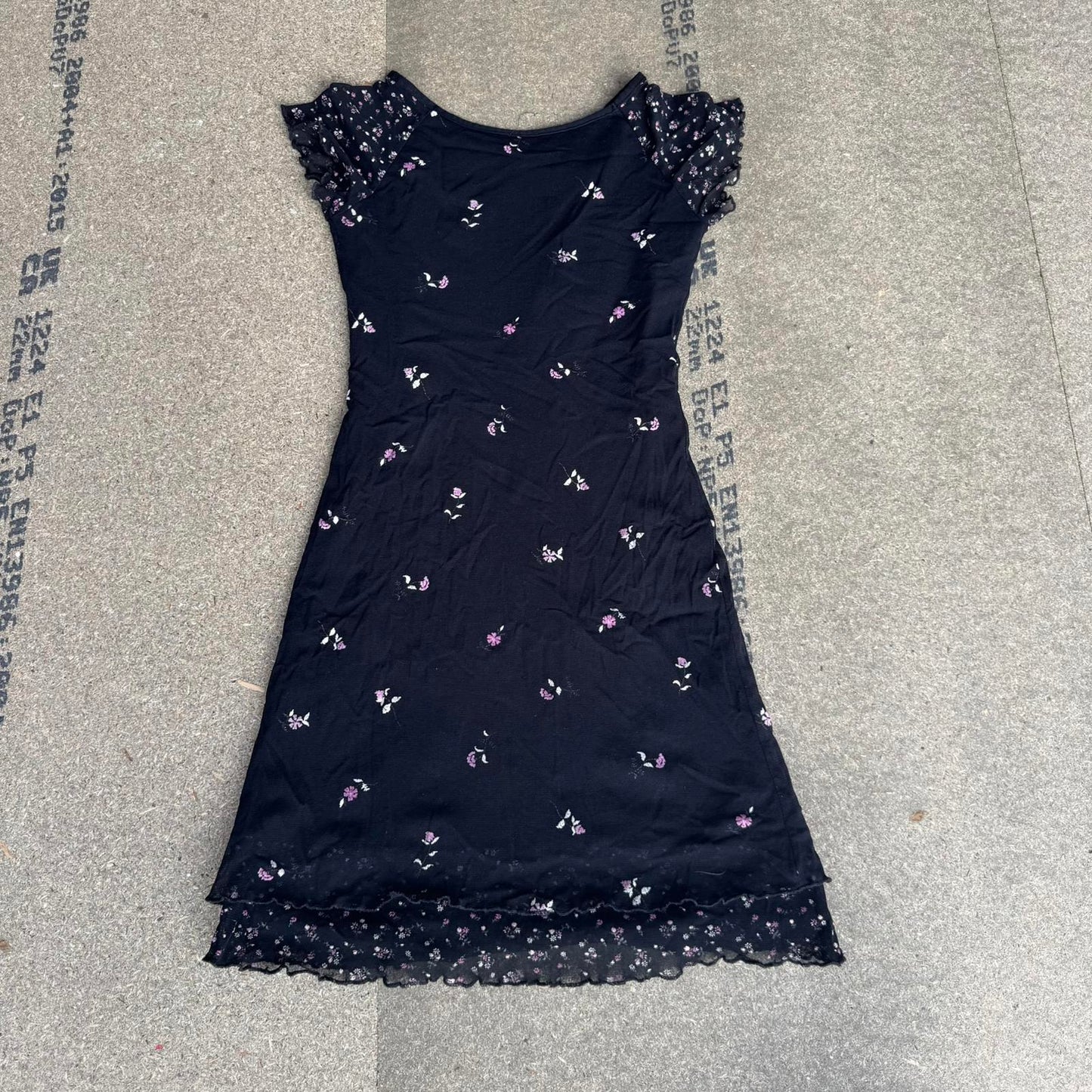 Y2K vintage black ditsy floral cap sleeve mini dress mesh