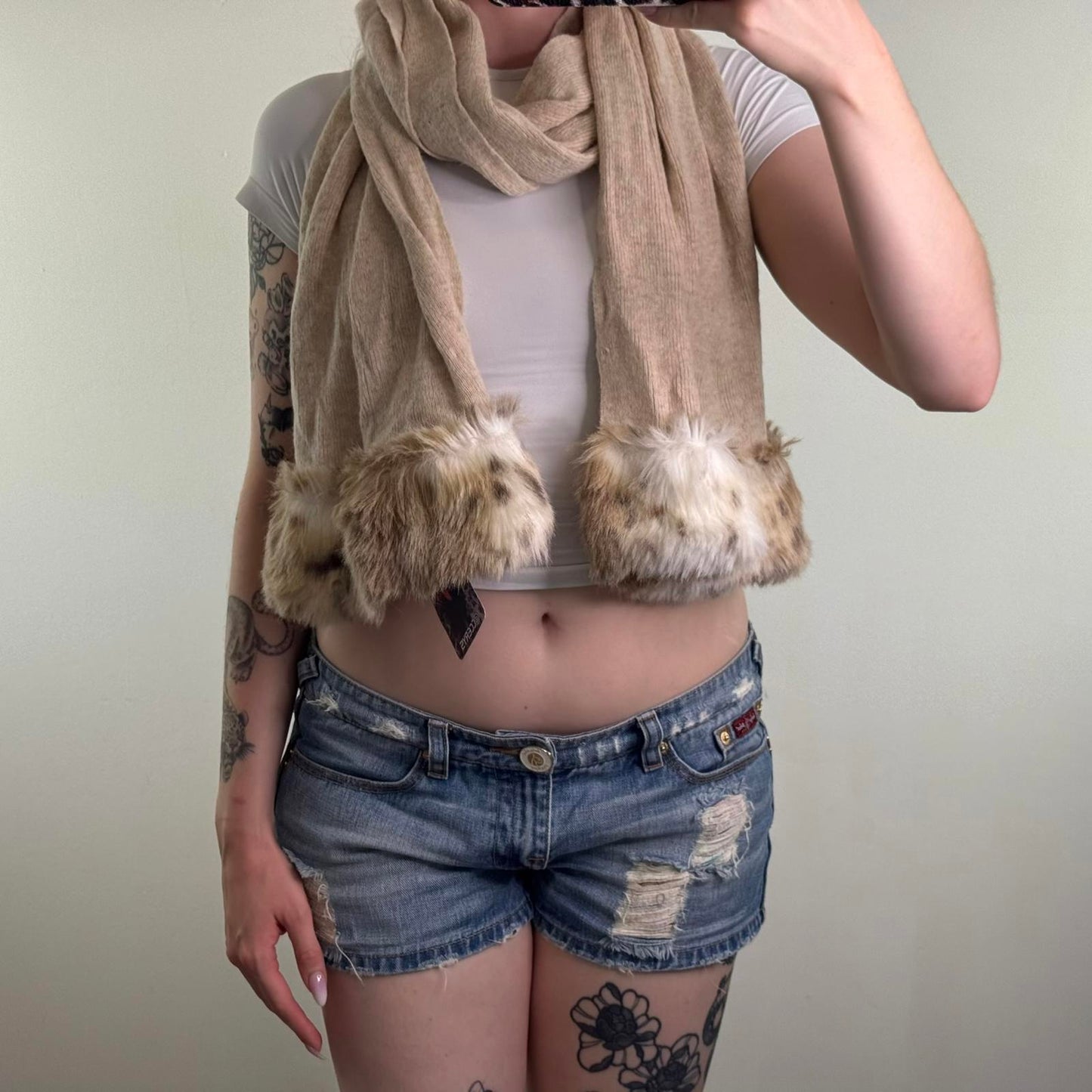 Y2K vintage wool/ angora blend chunky wide scarf faux fur trim fine knit