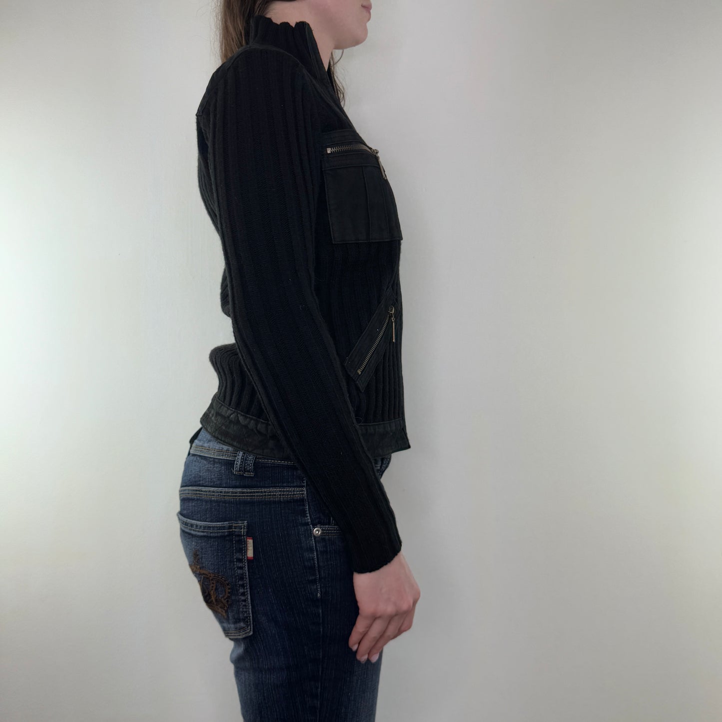 Y2K vintage ribbed knit suede zip up jumper