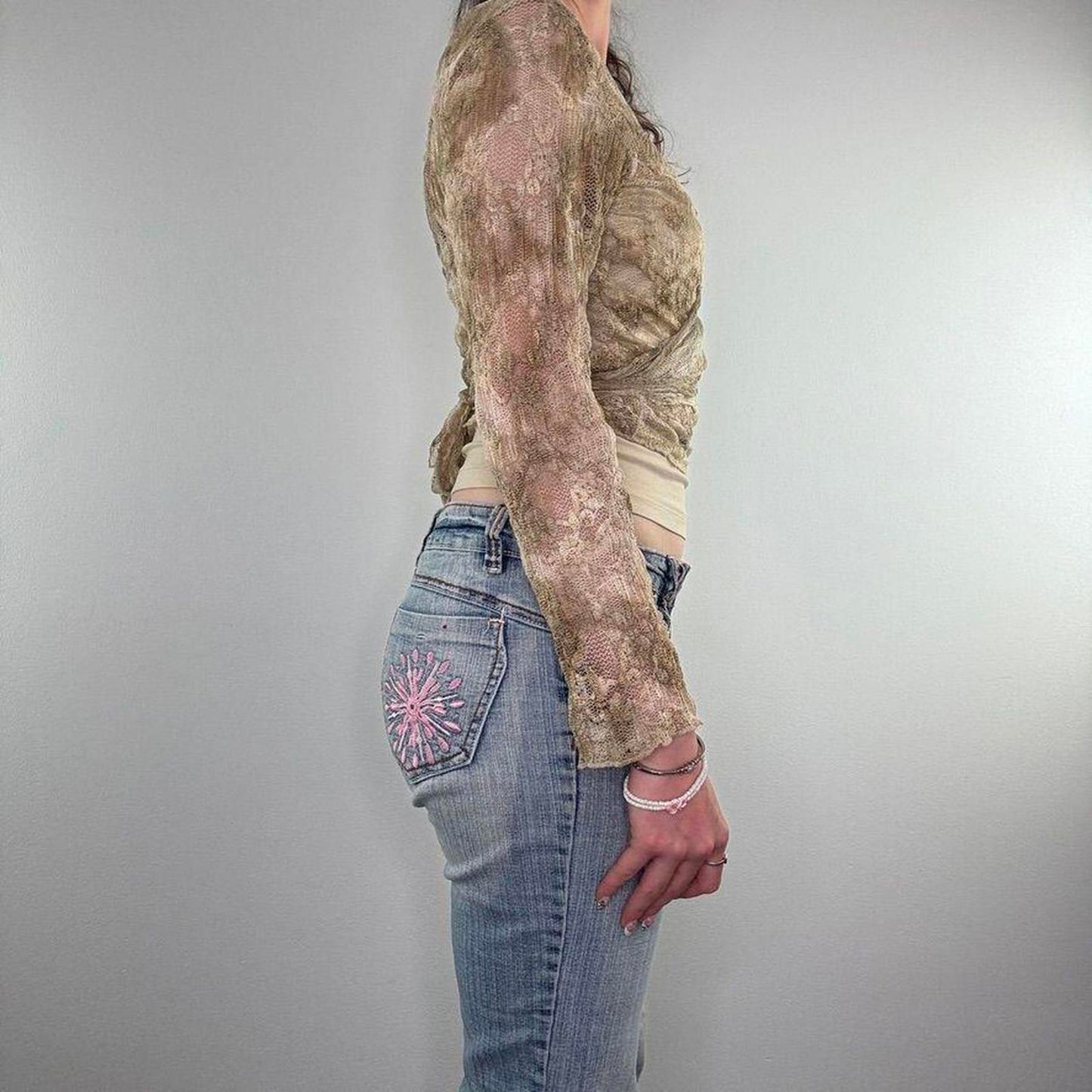 Y2K vintage ombre wraparound lace floral cardigan long sleeve v neck tie bow