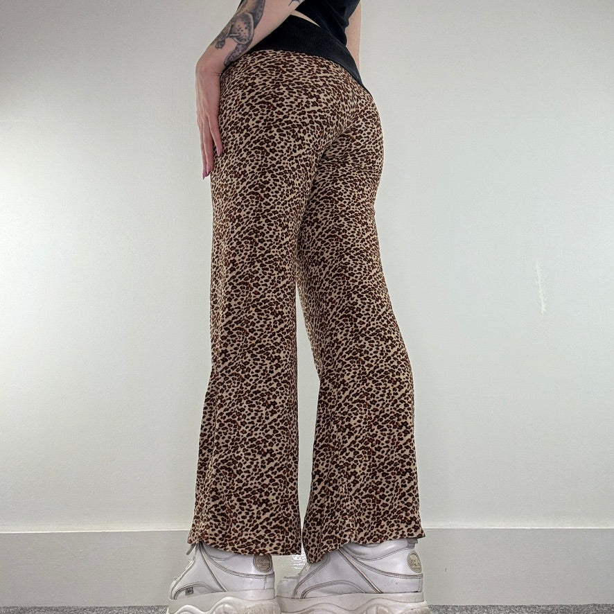 Y2K vintage leopard print velour fold over waistband flare trousers