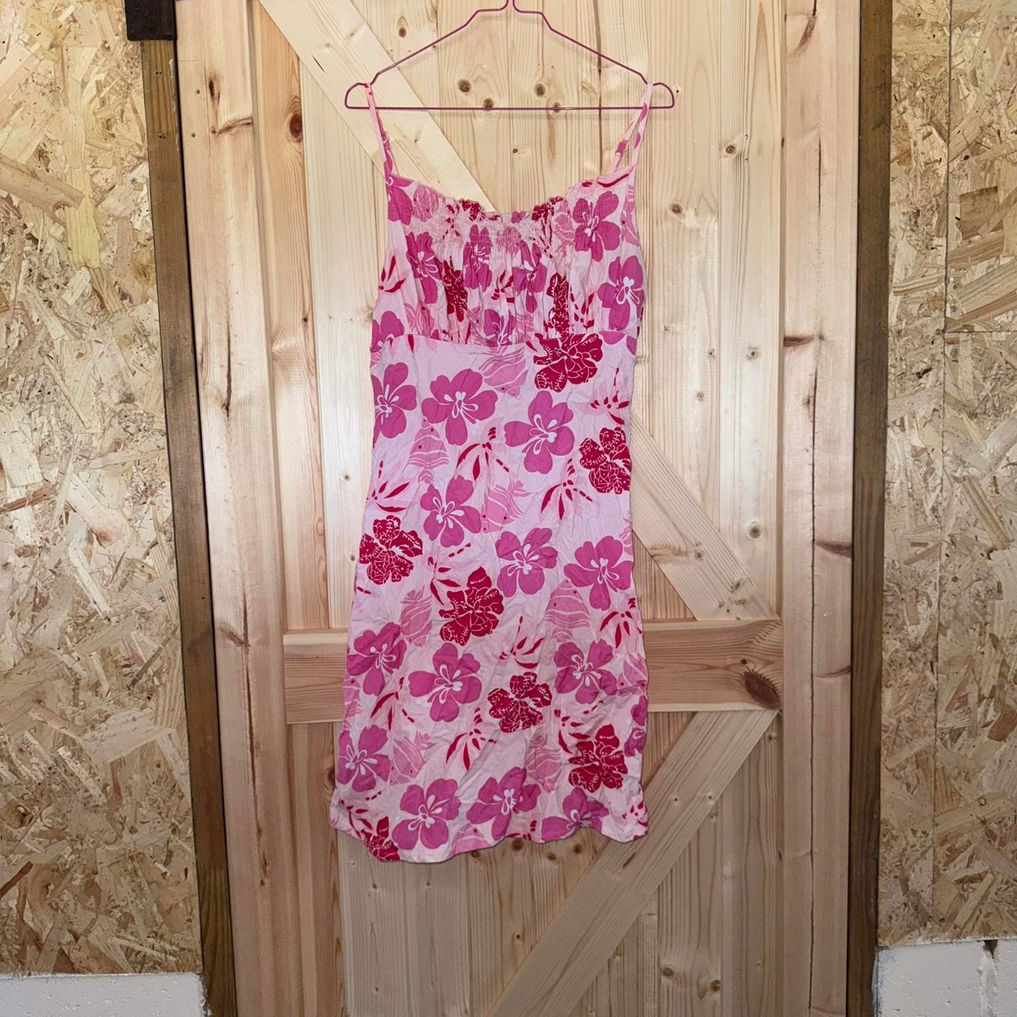 Y2K vintage floral hibiscus ruched bust midi dress summer strappy pink