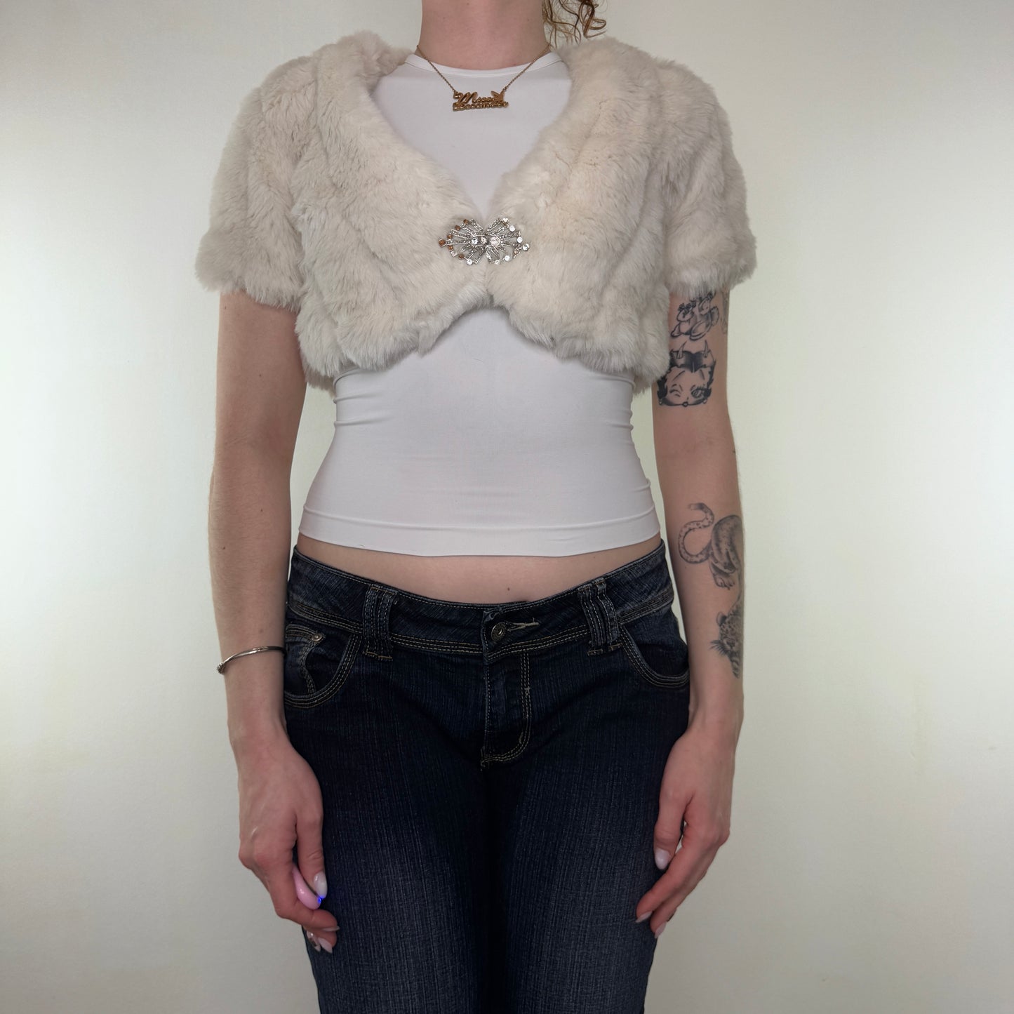 Y2K vintage faux fur cropped short sleeve jacket