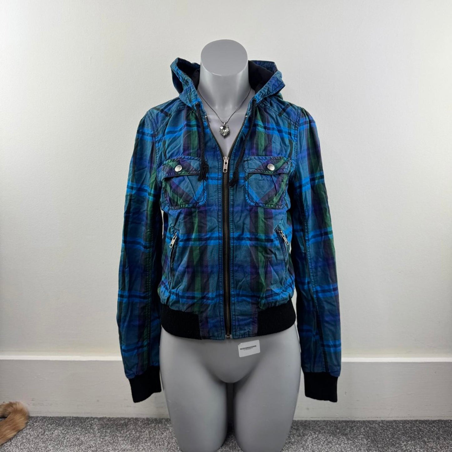 Y2K vintage tartan check zip up bomber jacket lightweight with hood plaid blue