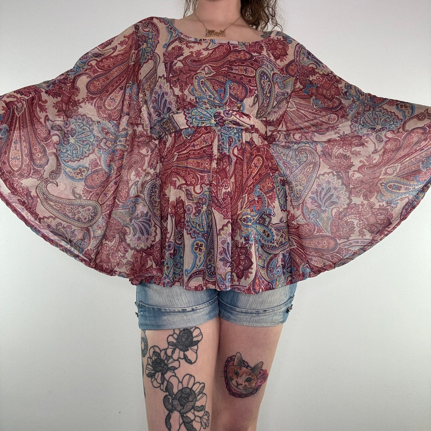 Y2K mesh paisley boho bow floaty top