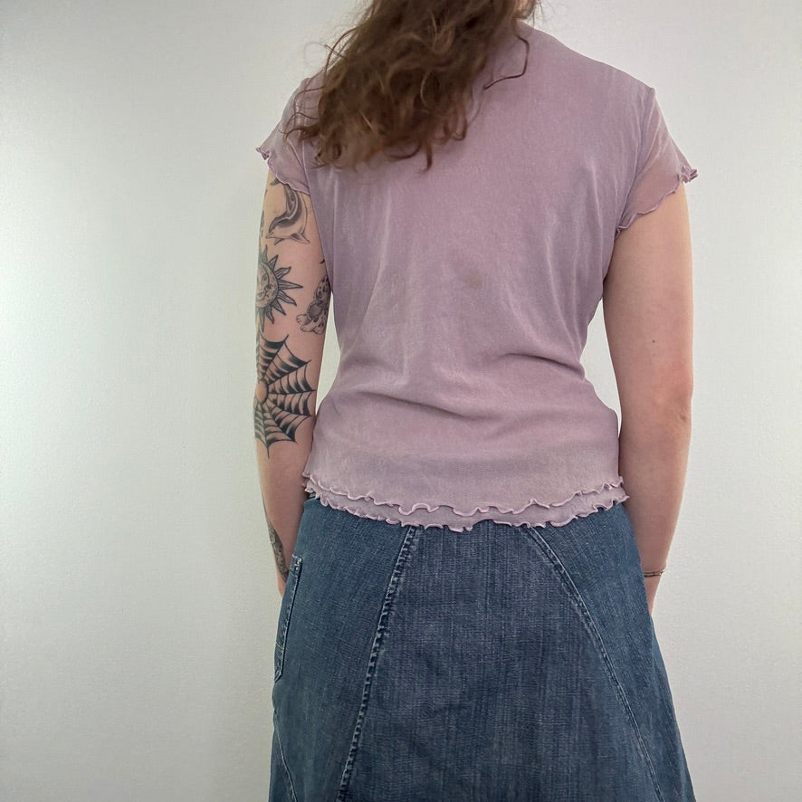 Y2K dusty lilac mesh lace trim top