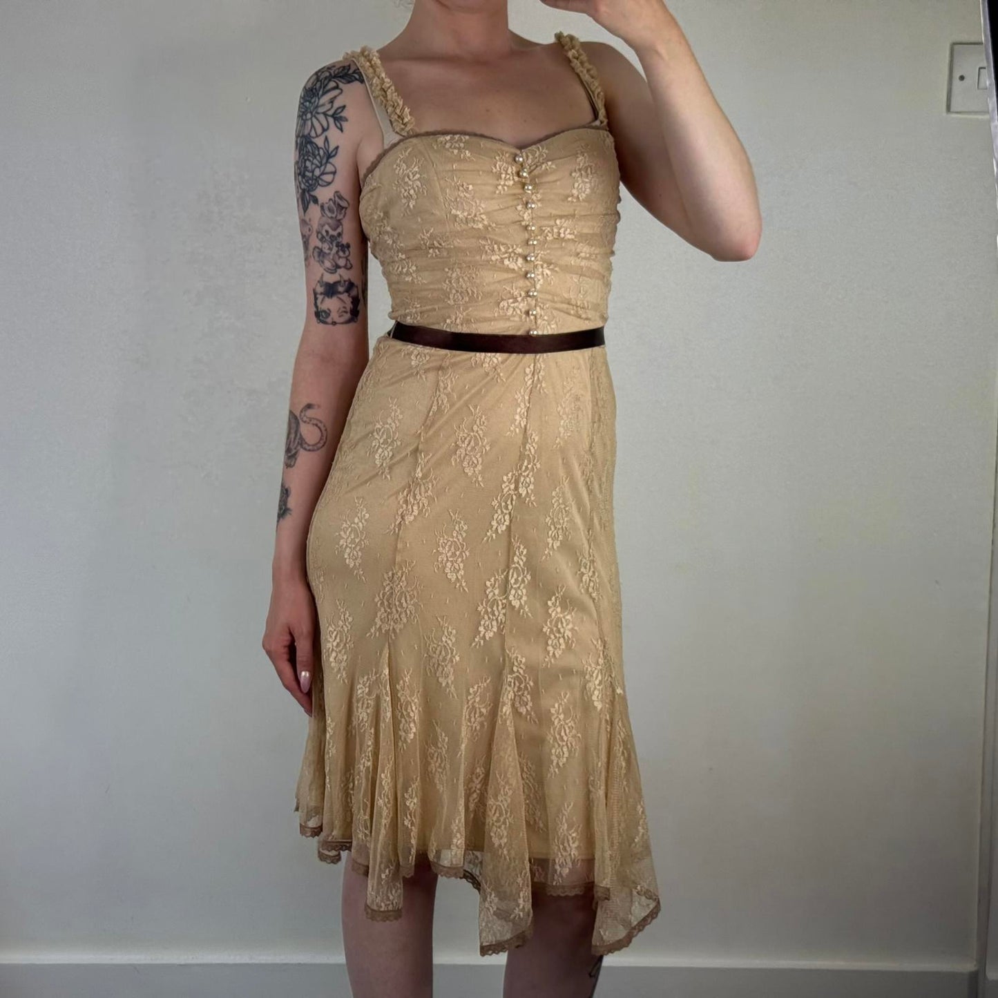 Y2K vintage coquette lace ruched midi dress adjustable bow ruffle asymmetrical
