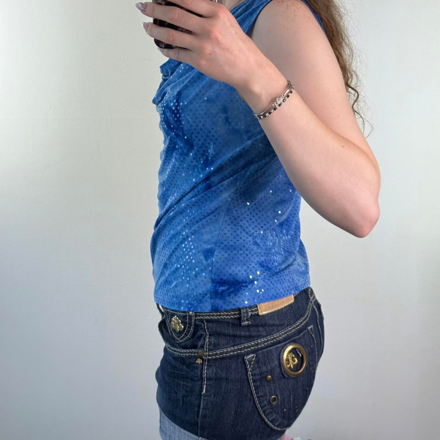 Y2K vintage cowl neck slinky tank top stretchy fitted shimmer blue tie dye