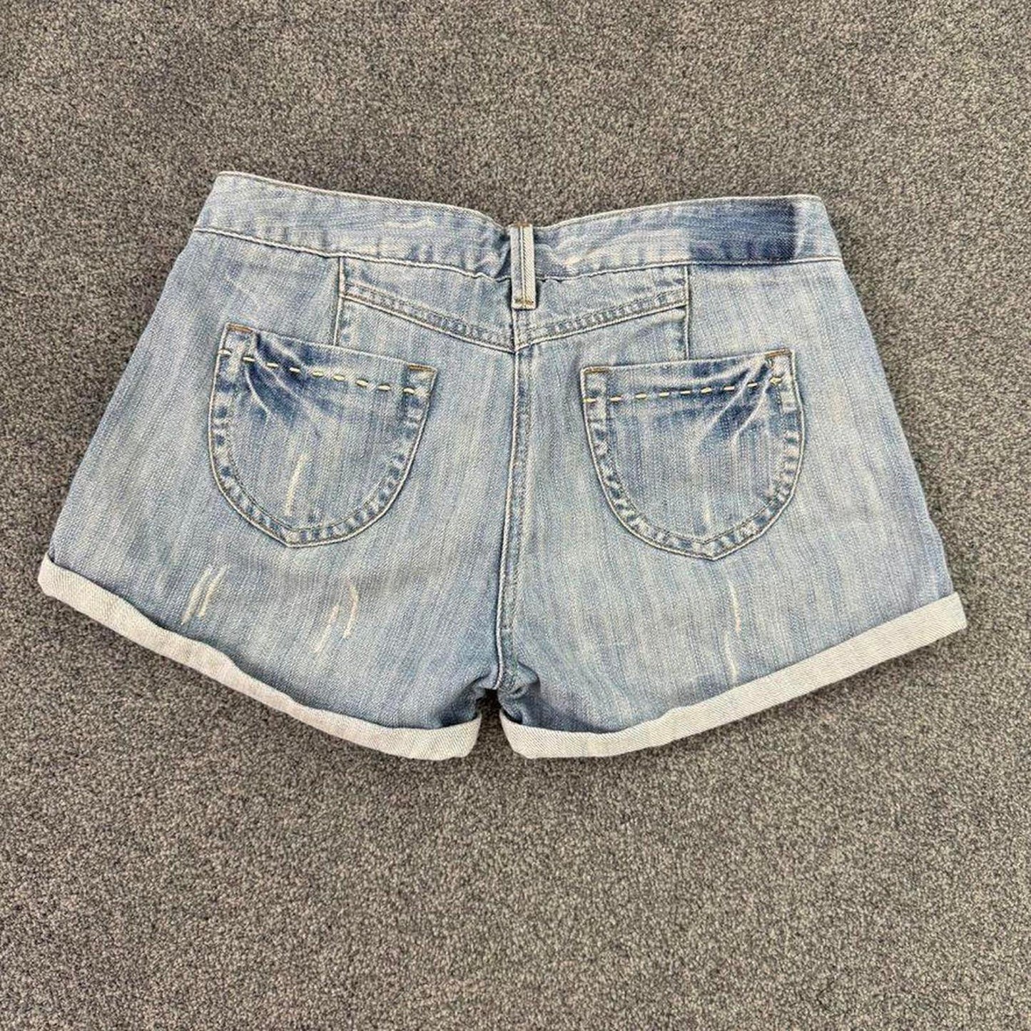 Vintage low rise contrast stitch mini denim shorts light blue turned up hem