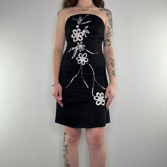 Y2K vintage floral sequin strapless midi dress embroidered a line fitted