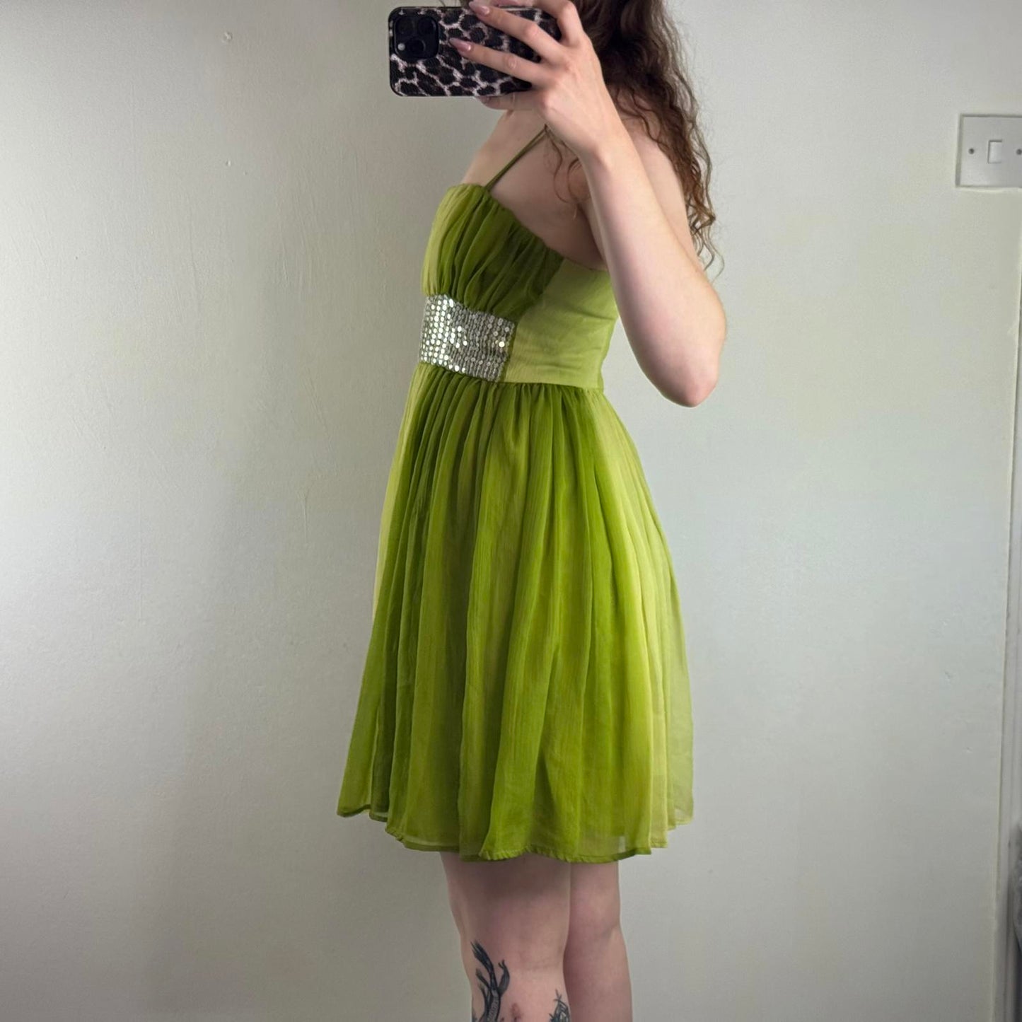 Y2K vintage green ombre sequin mini dress floaty a line ruched strappy