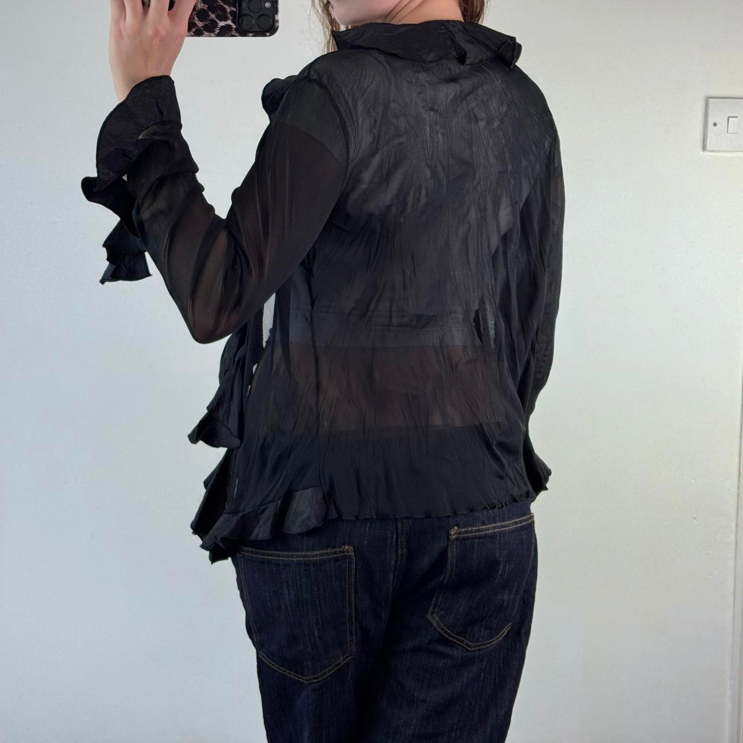 Y2K vintage sheer ruffle cardigan button up flare bell sleeve black v neck