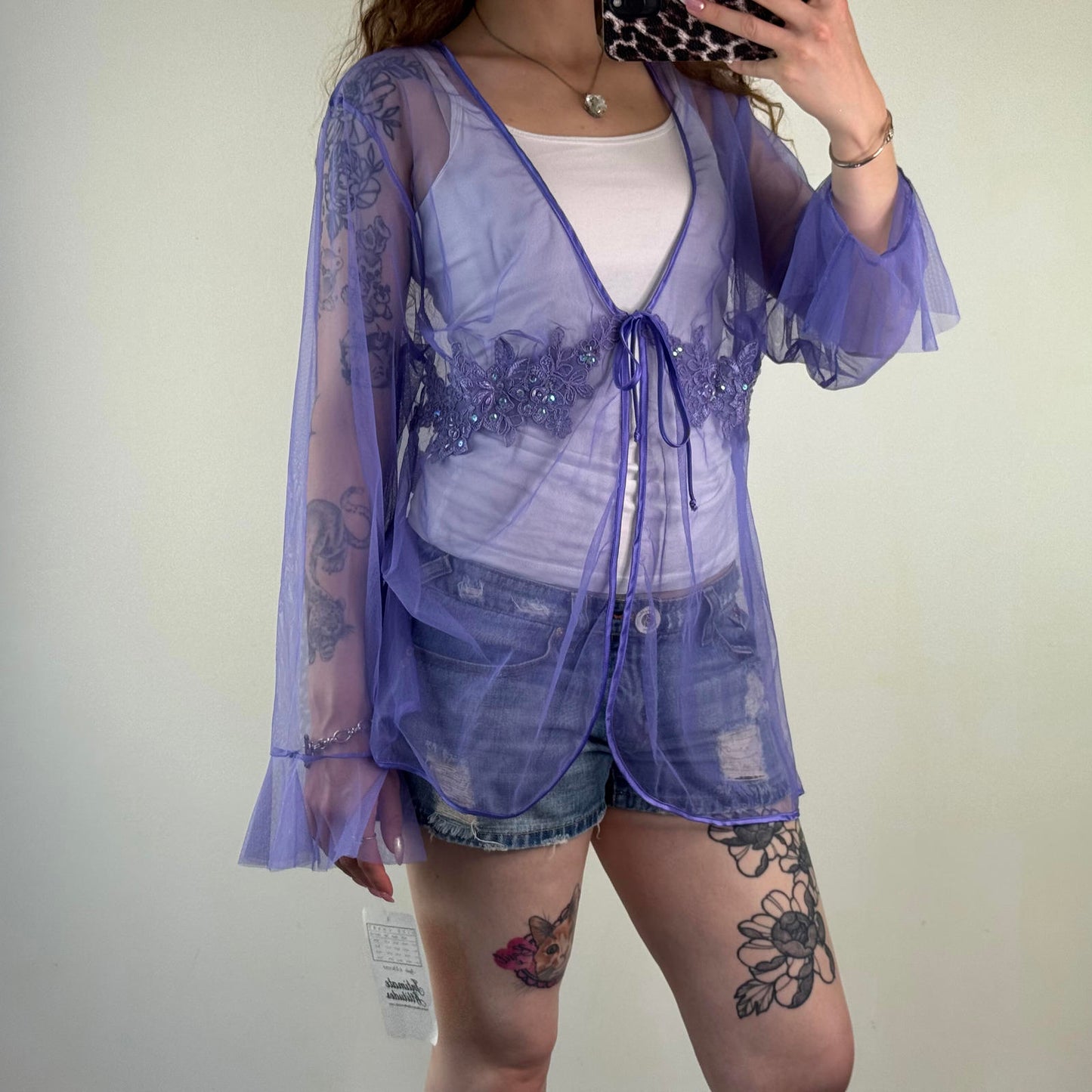 Y2K vintage lilac mesh cardigan floral embroidery sequin v neck frill sleeve