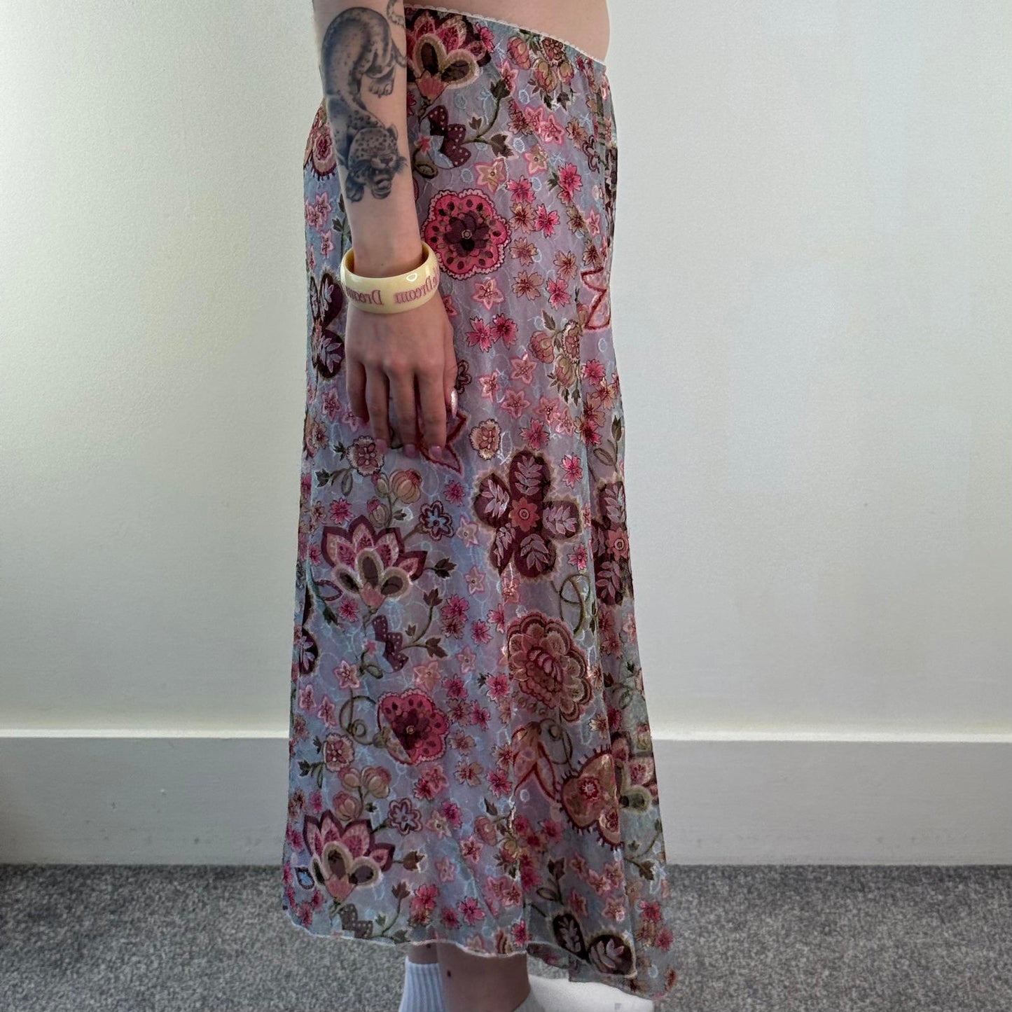 Y2K vintage floral mesh overlay maxi skirt a line lace pink blue beige stretchy