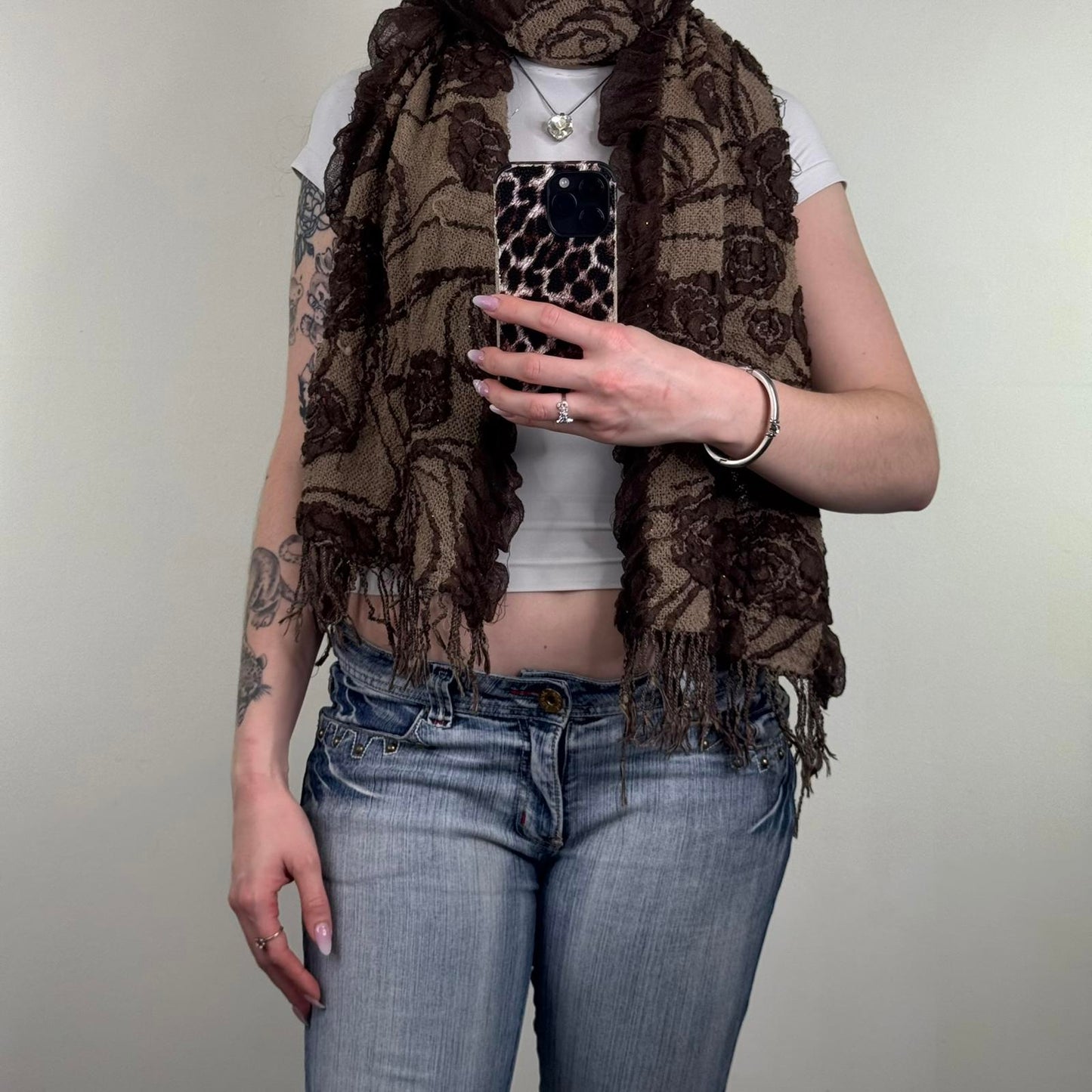 Y2K vintage floral sparkly scarf large fringe light dark brown pattern