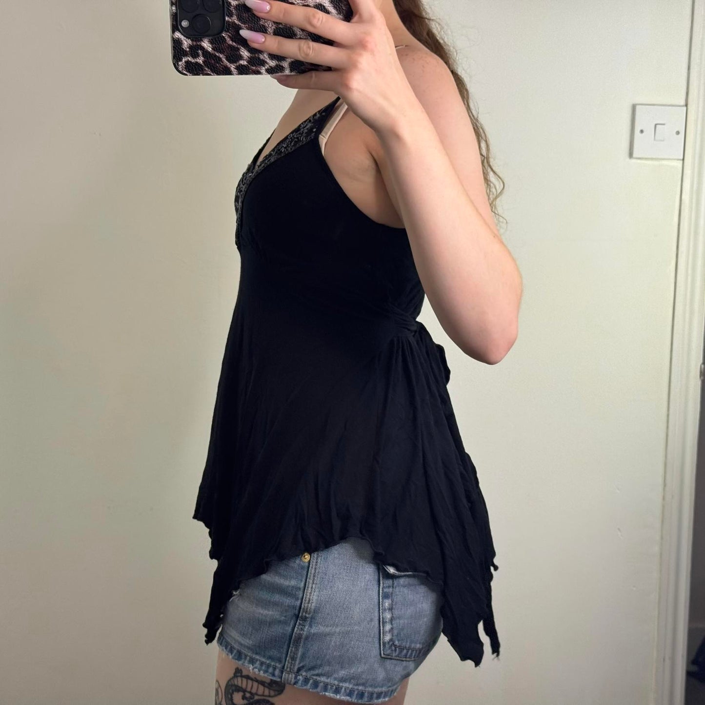 Y2K vintage flowy cami top floral beaded ruched tie back bow ruffle strappy