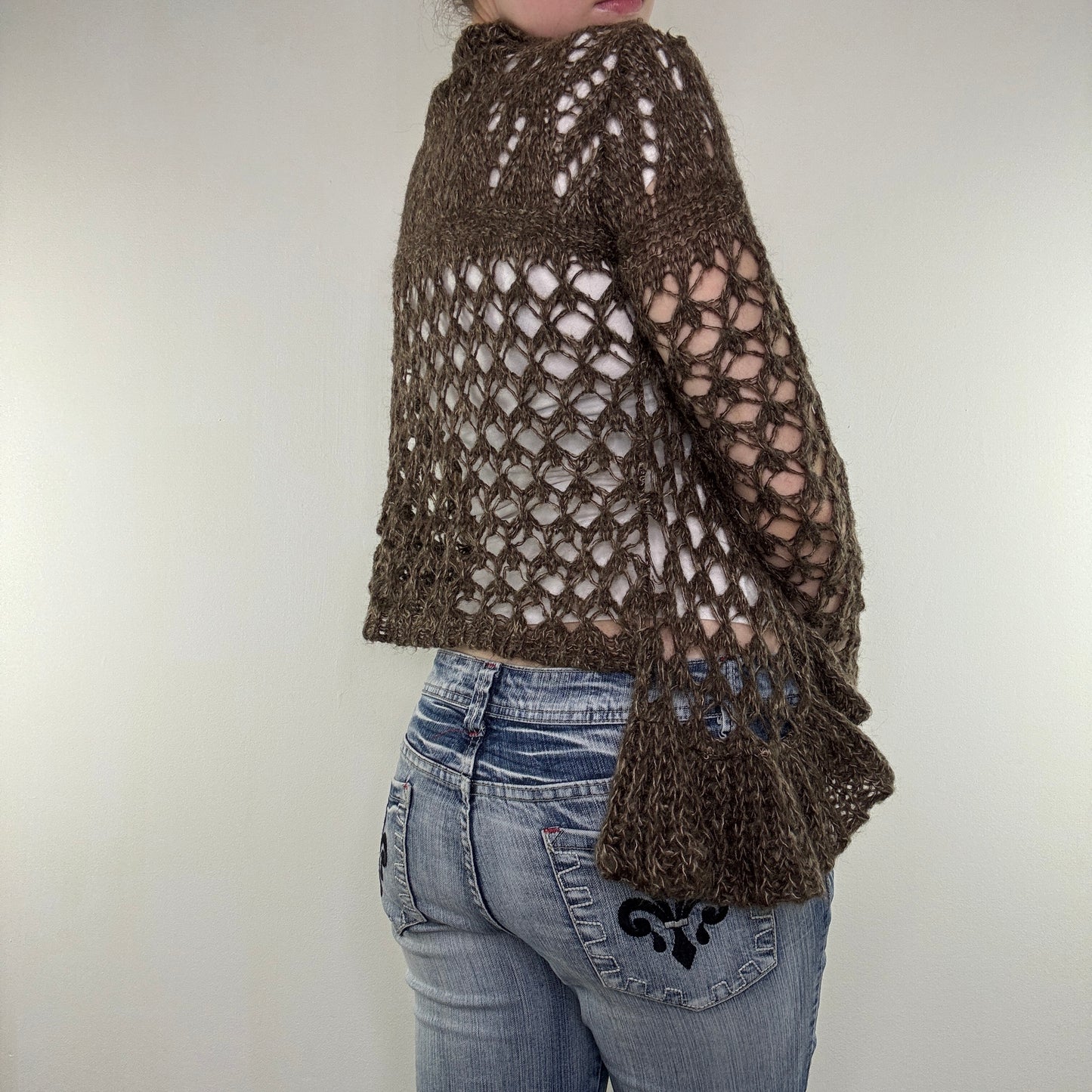 Y2K vintage crochet cardigan ruffle asymmetrical archive waterfall open front