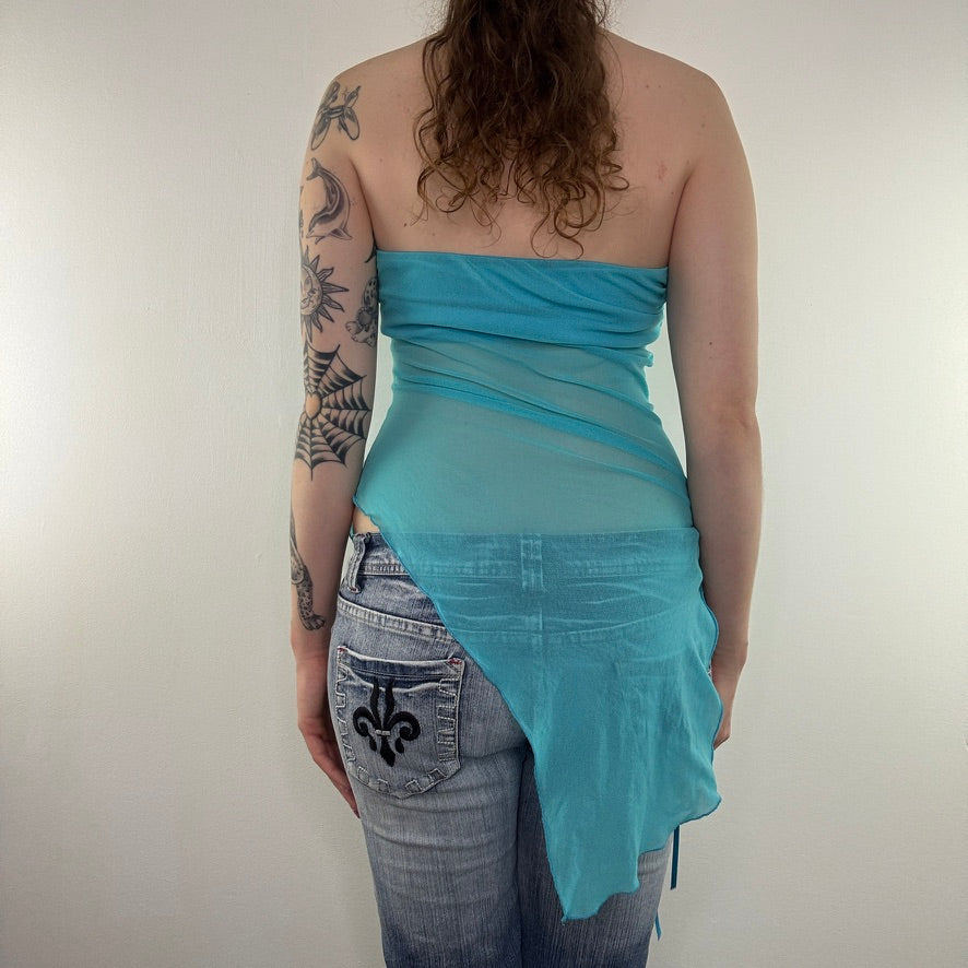 Y2K vintage strapless top asymmetrical mesh ruched ruffle lettuce hem