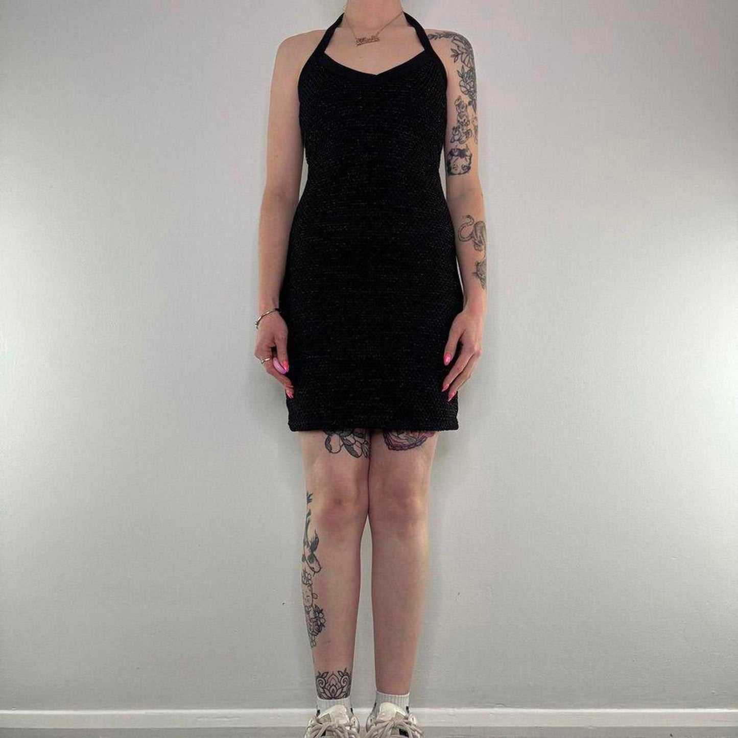 Y2K vintage stretchy sparkly halter neck netted mini dress fishnet glittery