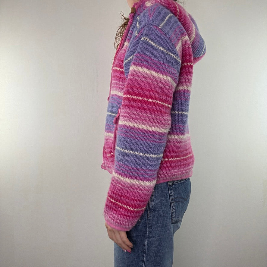 Pachamama wool knit hoodie fleece lined zip up stripe