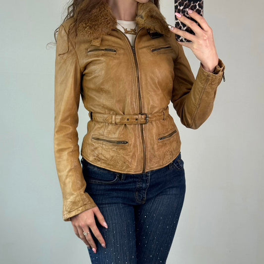 Y2K vintage genuine leather real fur trim collar zip up fitted jacket